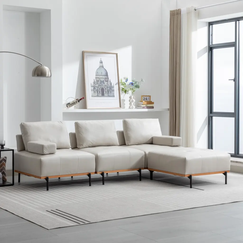 100.7 Inch L-Shape Sectional Sofa 3-Seater Removable Ottoman Beige Fabric Ghislaine