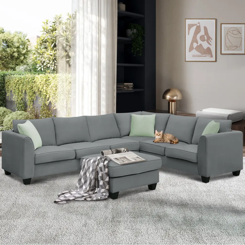 Homiyad 7 Seats Modular Sectional Sofa Ottoman and 3 Pillows Grey