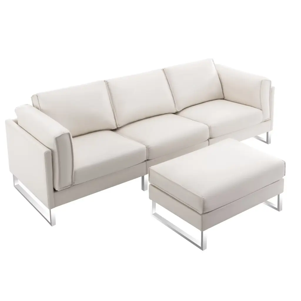 Morden Fort Faux Leather L Shape Sectional Sofa Ottoman White