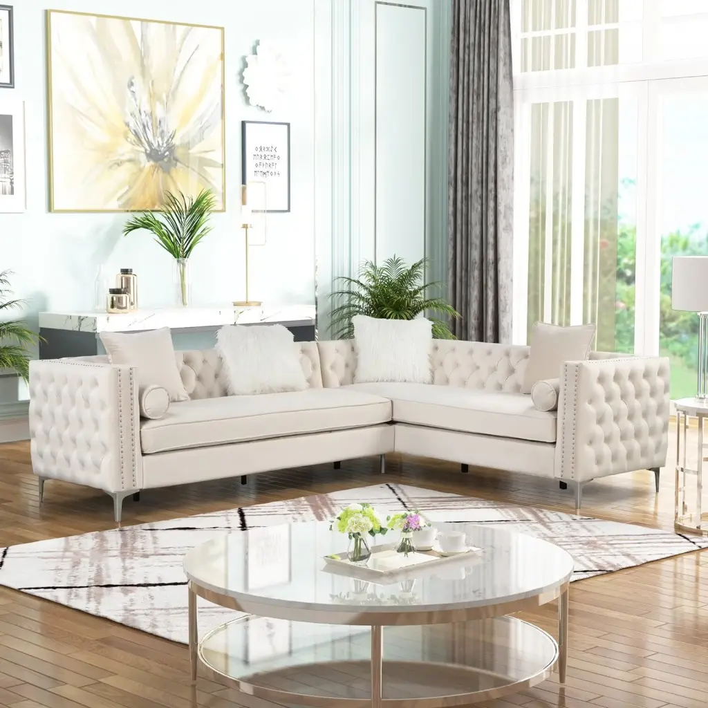 Morden Fort L-Shape Velvet Sectional Sofa Pillows Beige