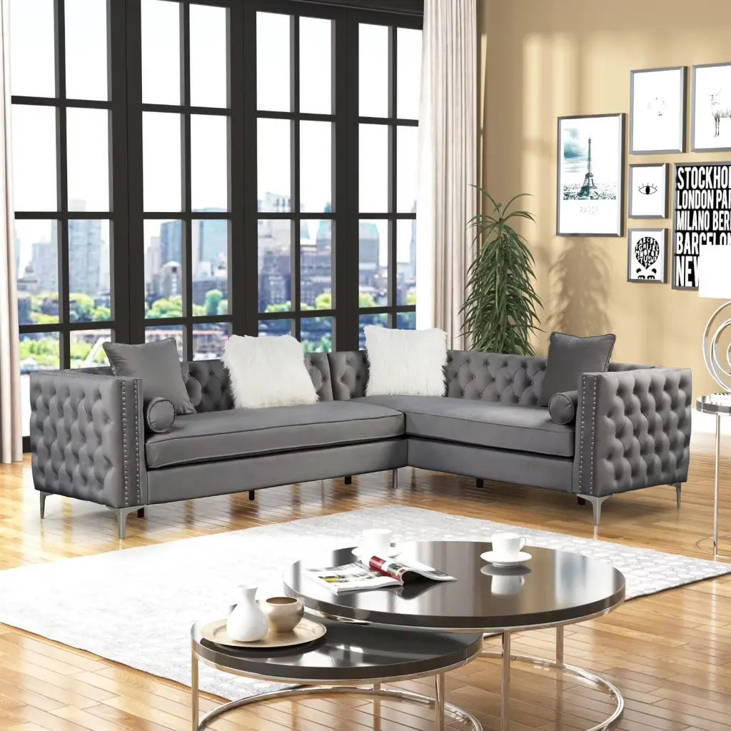 Morden Fort L-Shape Velvet Sectional Sofa Pillows Gray