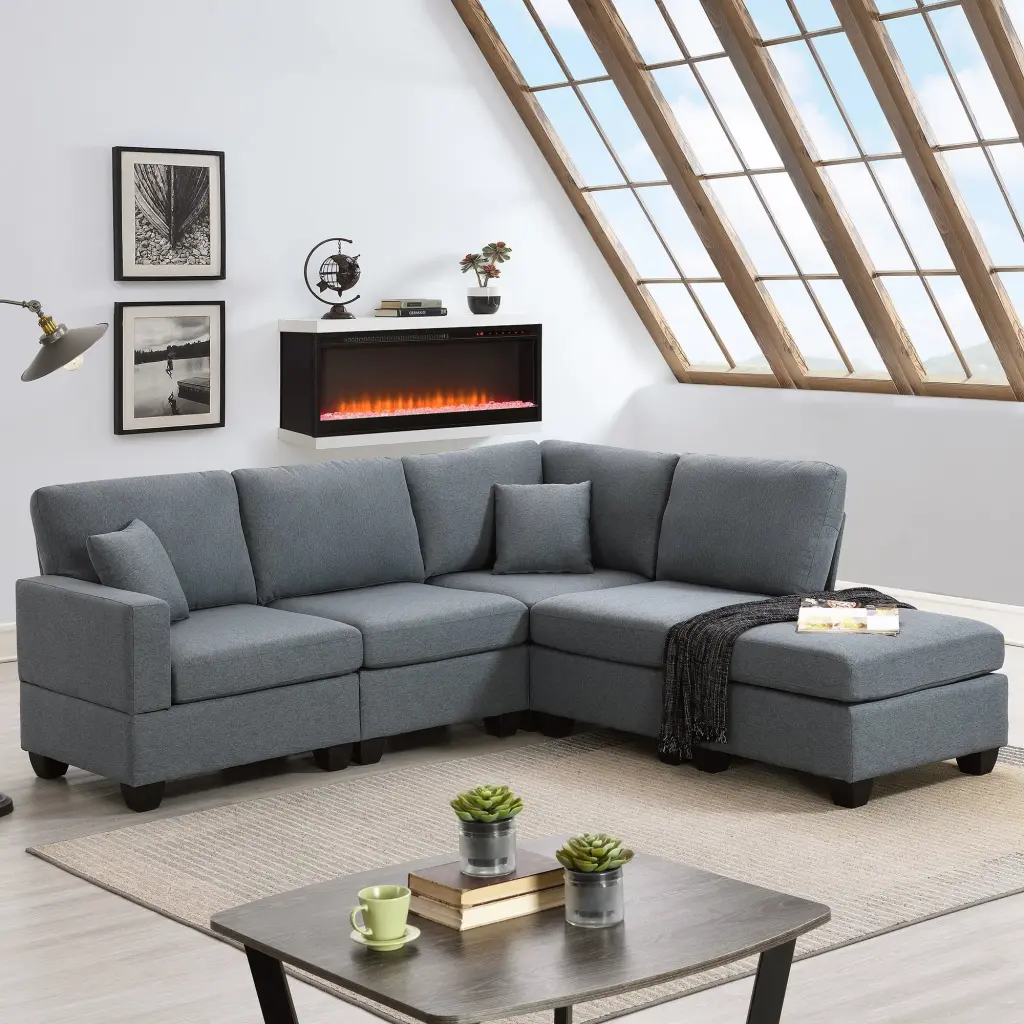 Homiyad 89.8x60.2 Inch Modern Sectional Sofa Set Convertible Ottoman Linen Fabric