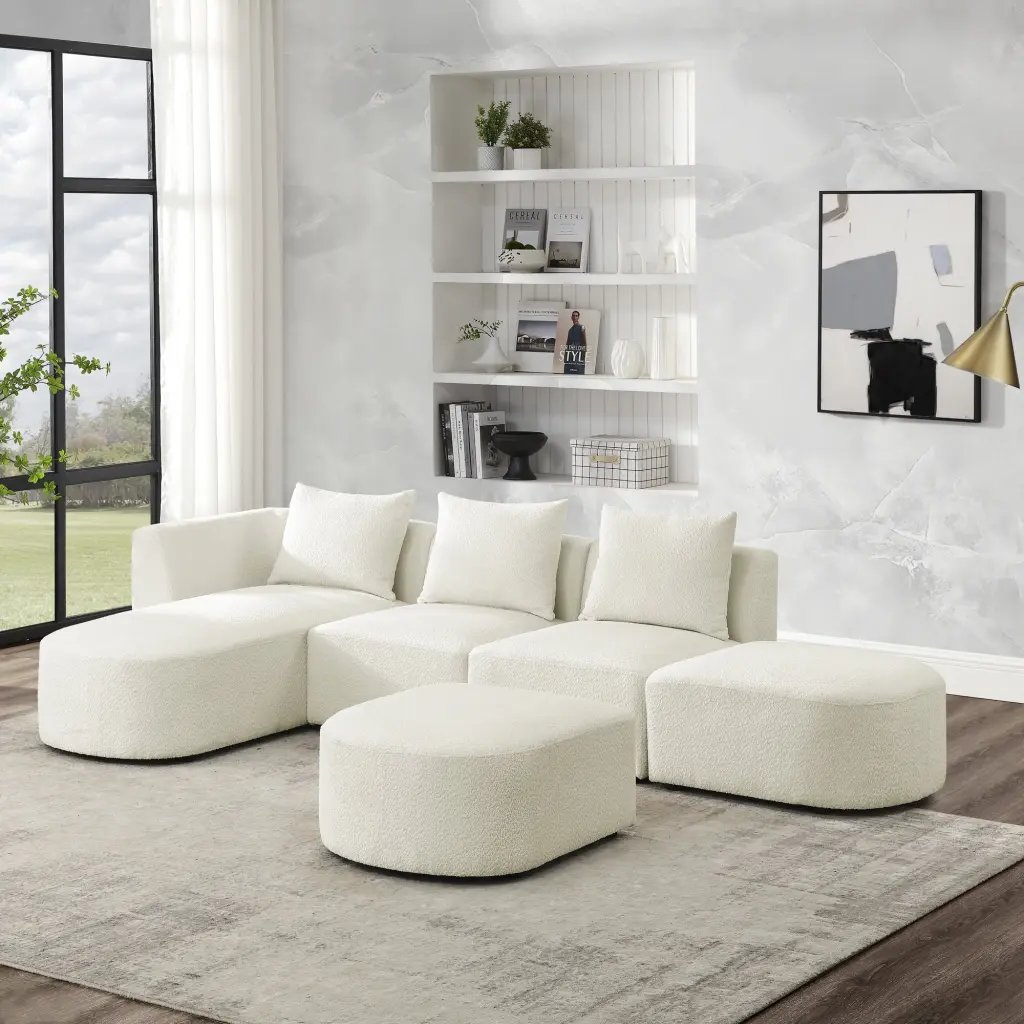 L Shape Sectional Sofa Left Side Chaise and Ottoman Beige Loop Yarn Fabric Jamini