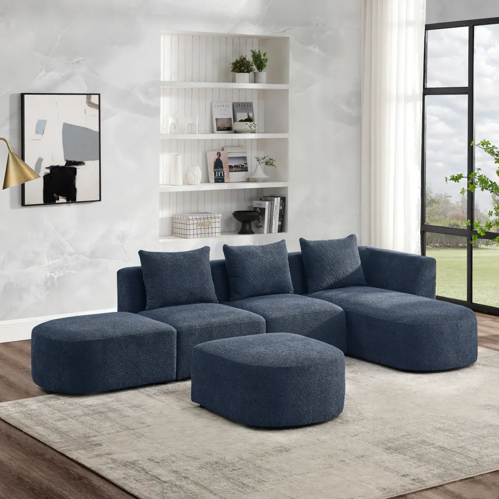 L Shape Sectional Sofa Right Side Chaise and Ottoman Navy Loop Yarn Fabric Jamini