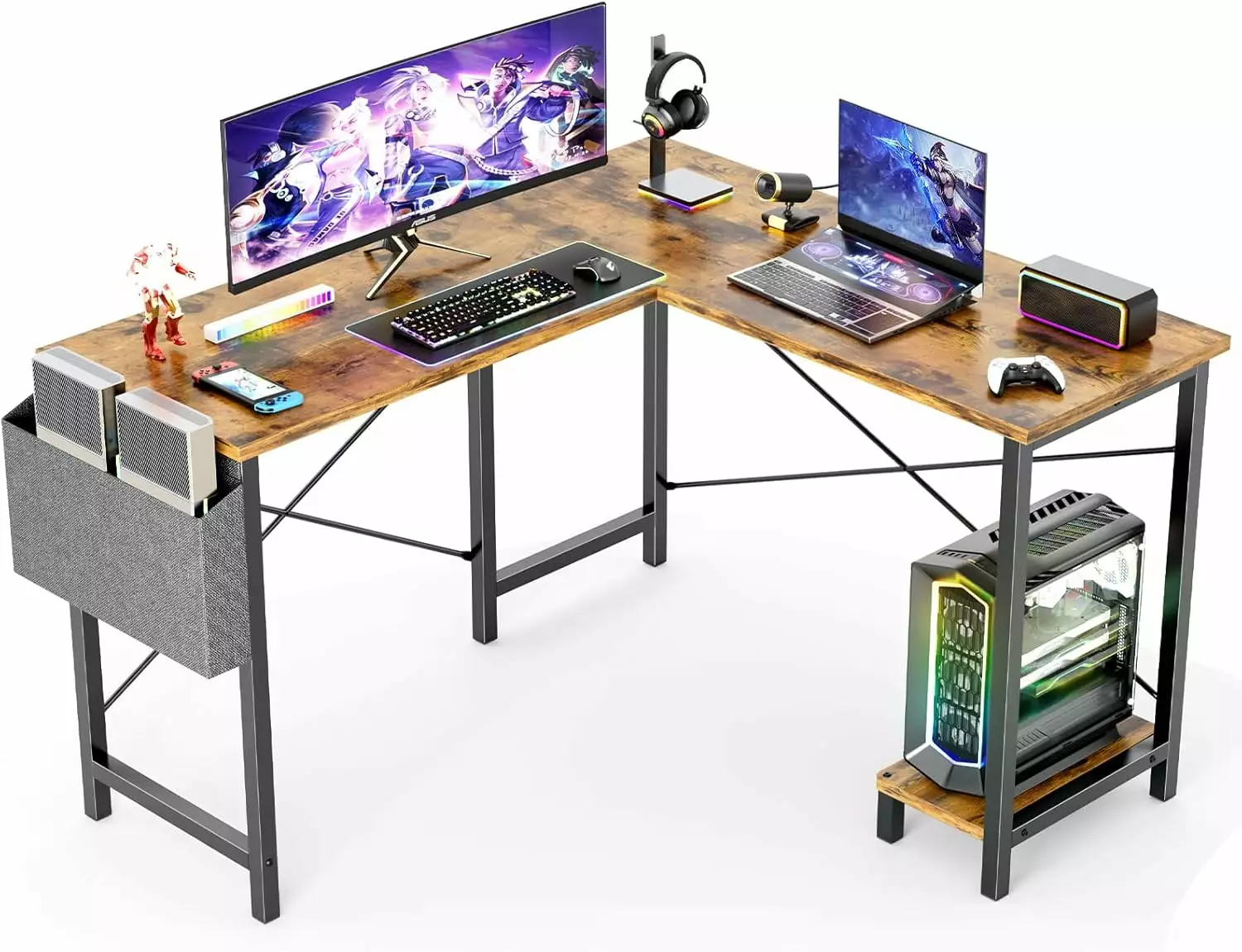 50 Inch L Shaped Computer Desk Gaming Table Corner Desk PC Writing Desk Study Desks Wooden Desktop CPU Stand Side Bag Reve...