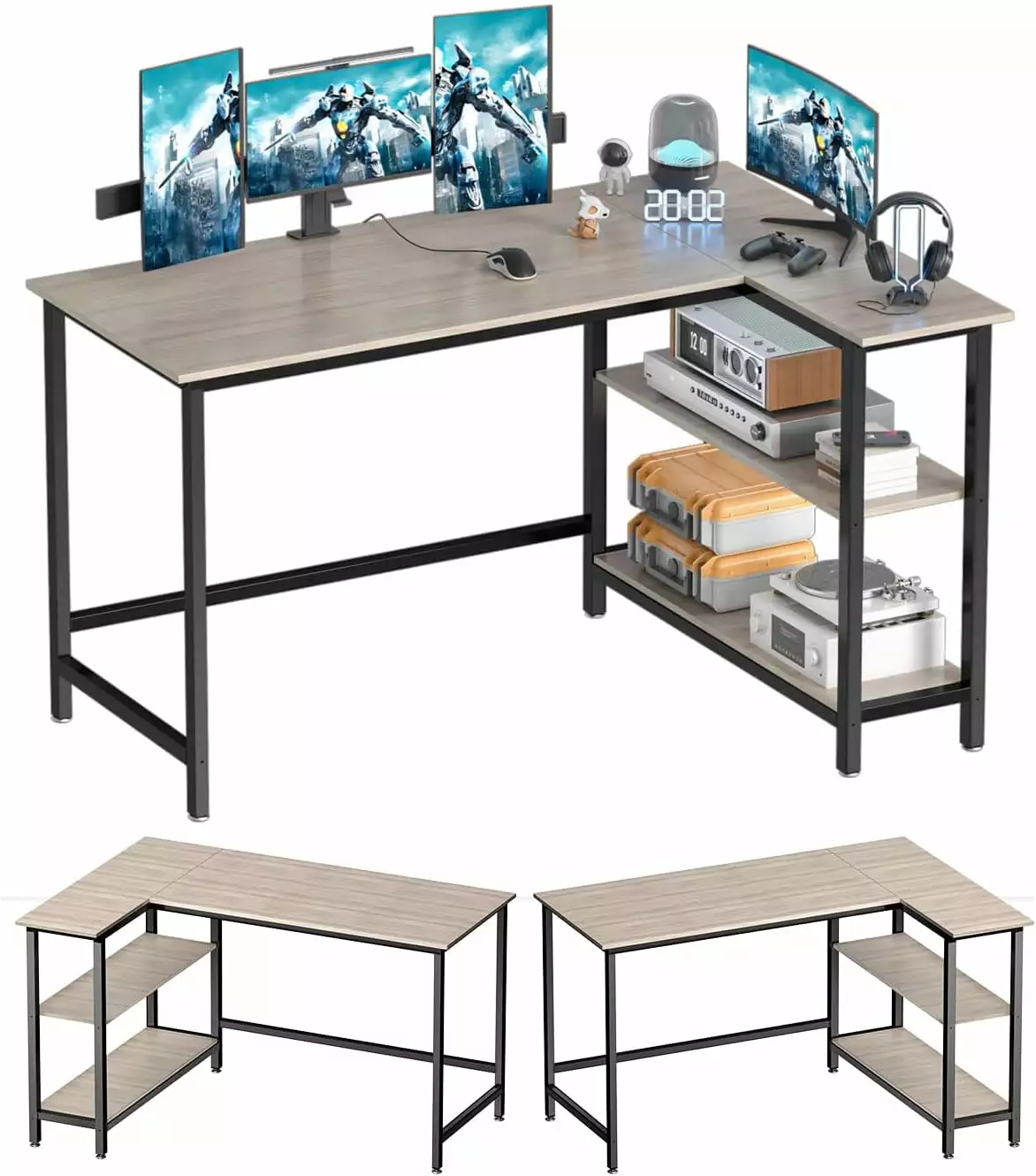 43 Inch L Shaped Computer Desk Home Office Desk Shelf Gaming Desk Corner Table Work Writing and Study Space-Saving Gray A&...