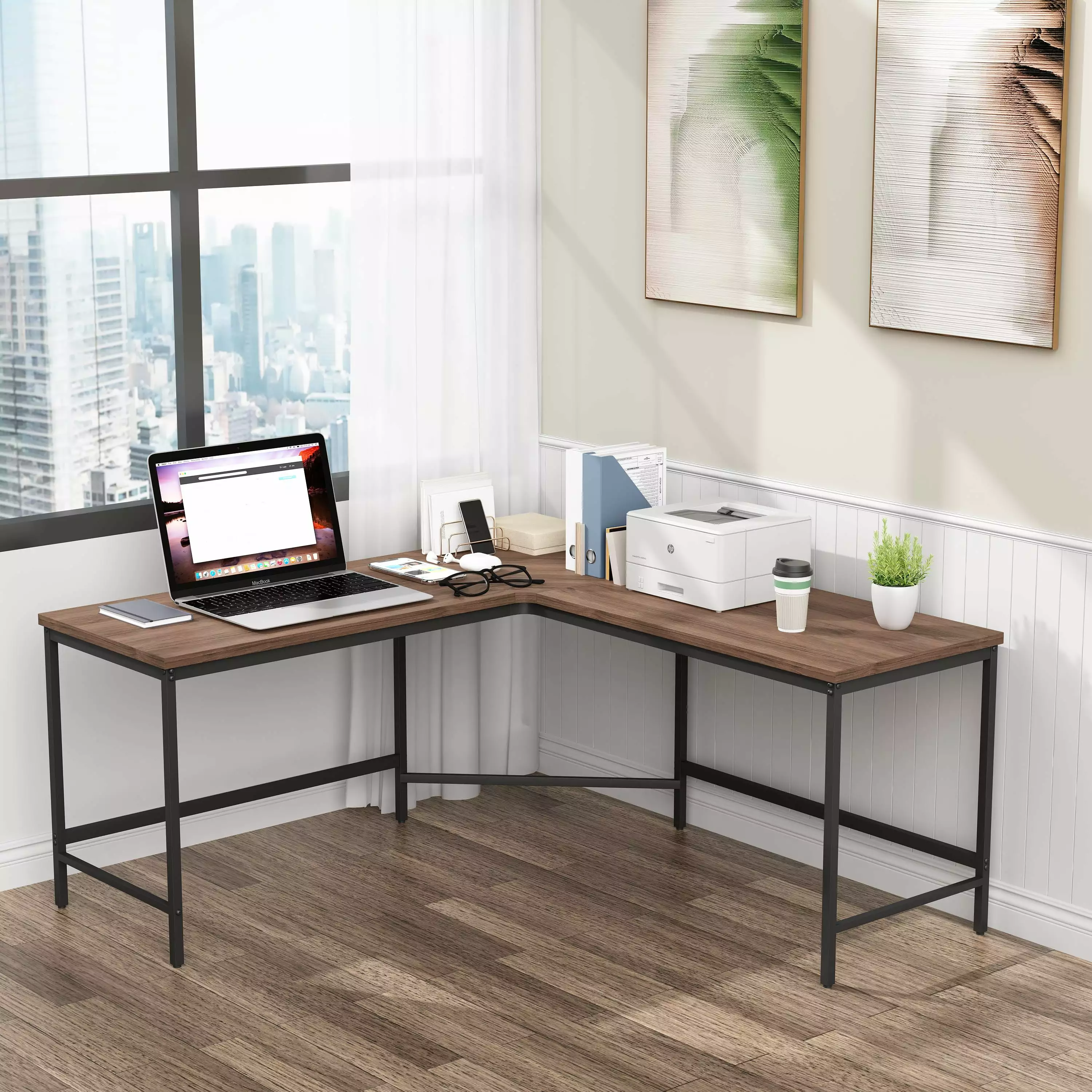 Andeworld L Shaped Corner Computer Desk 57.2 inch 2 Person Office Desk Gaming Desk Home Office Black