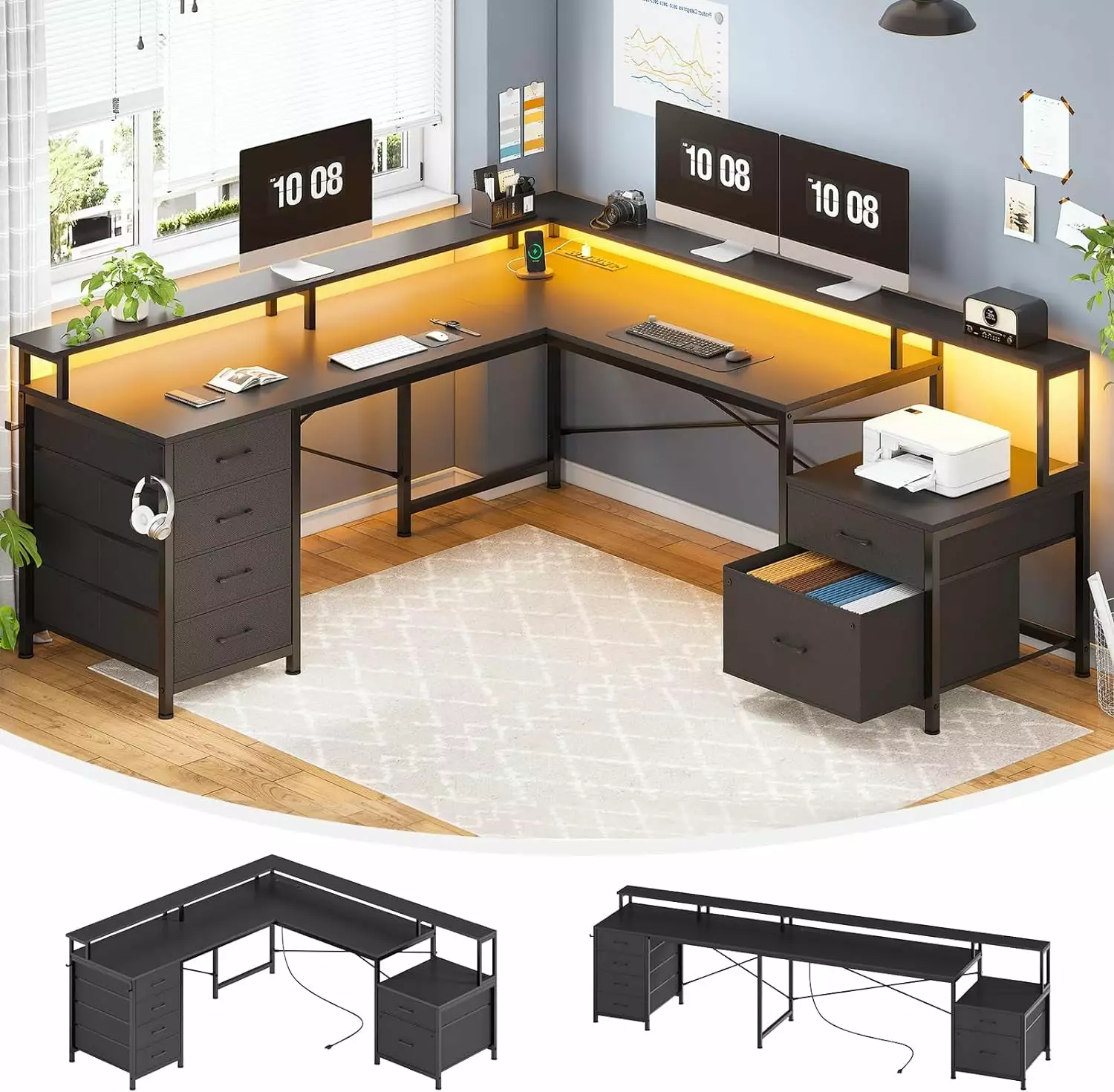 L Shaped Desk 6 Drawer 108 Home Office Desk File Drawer Power Outlet Corner Computer Desk Monitor Shelf File Cabinet Two P...