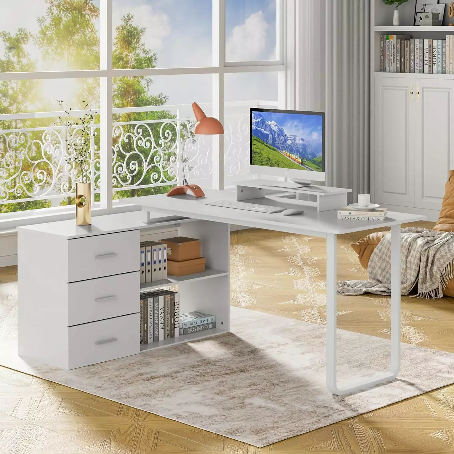 BIZFURN L-Shaped Desk Monitor Stand Large Corner Computer Office Desk Storage
