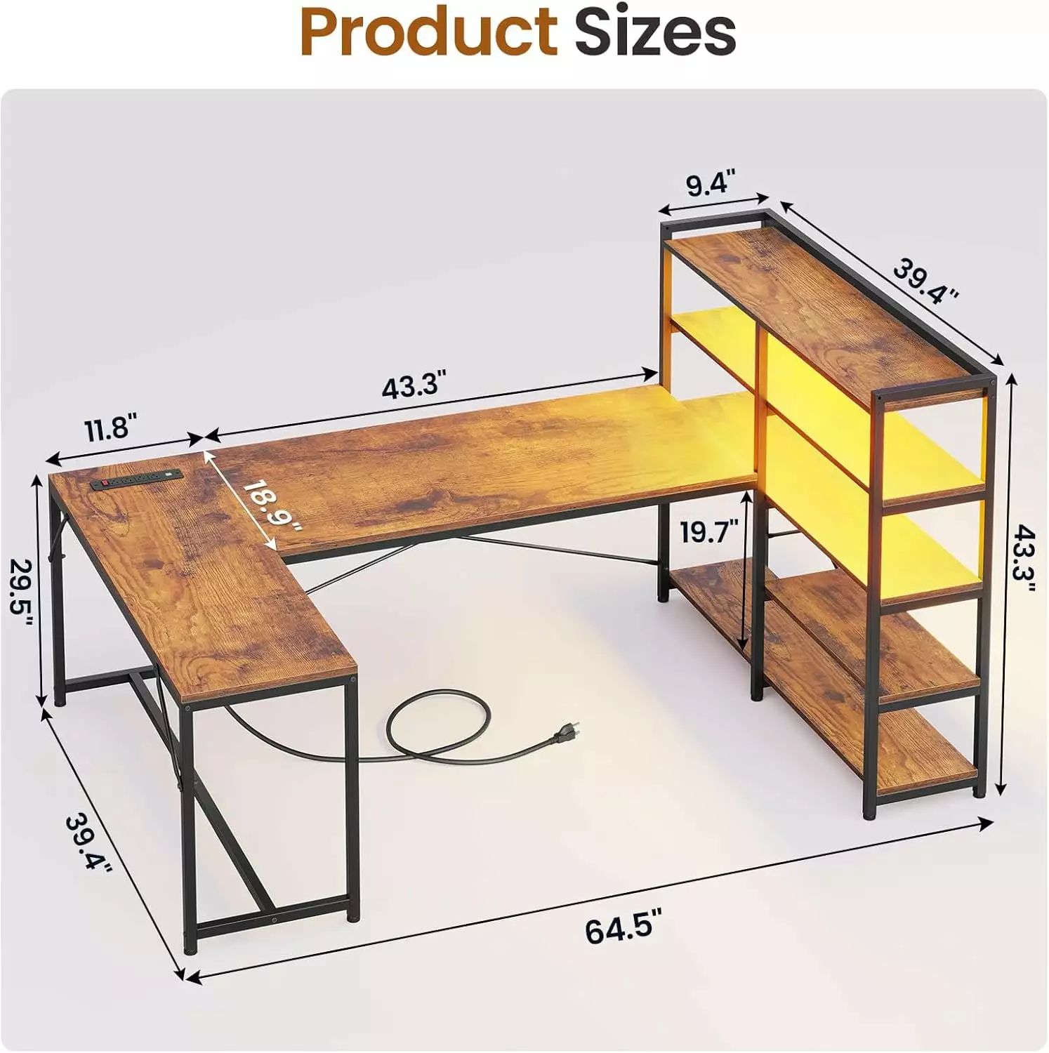 BIZFURN L Shaped Computer Desk 64.5 Reversible U Shaped Office Desk Storage Shelves Power Outlet Rustic Brown