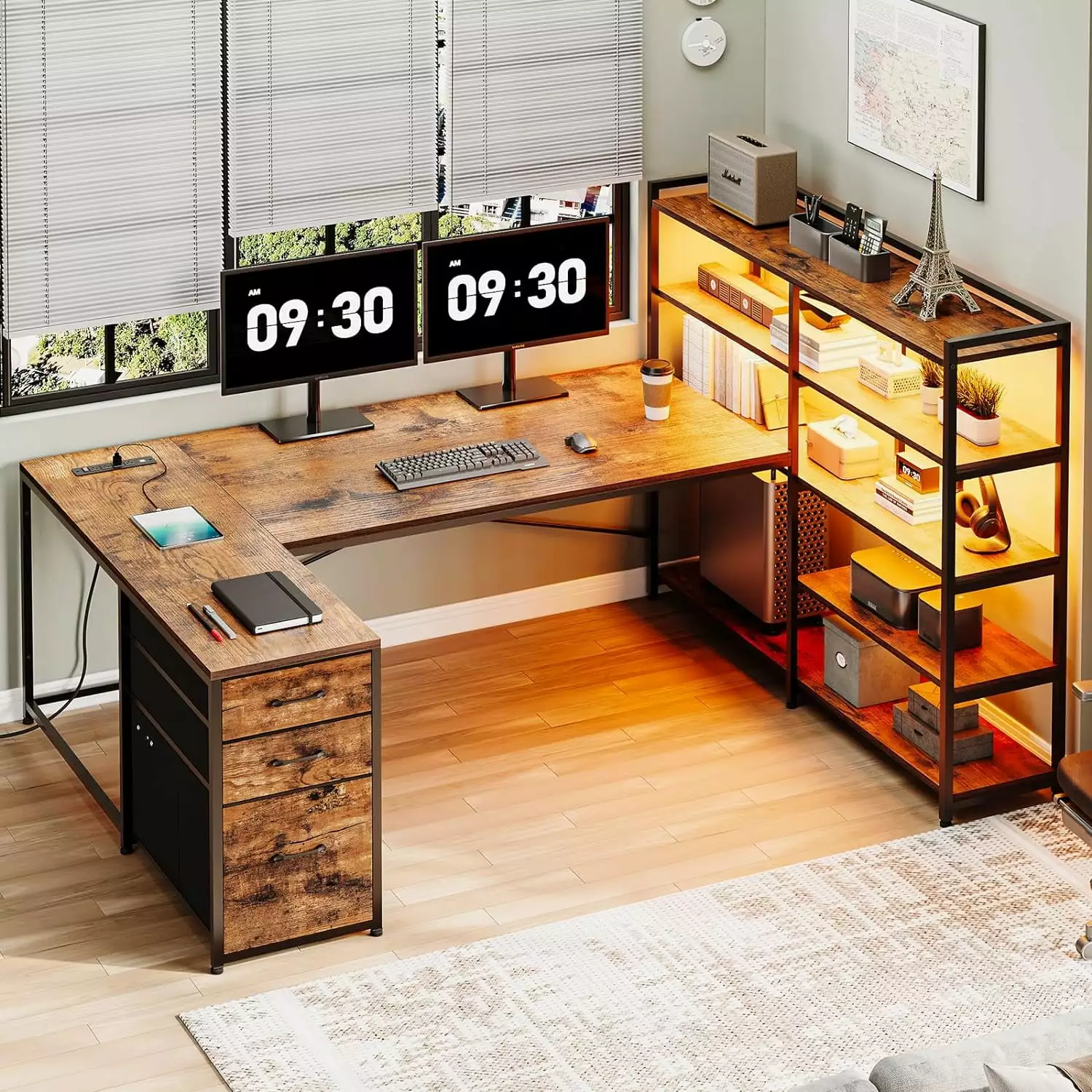 BIZFURN L Shaped Desk Storage Shelves 64.5 Reversible U Shaped Office Desk 3 Fabric Drawers Gaming Desk Power Outlet LED S...