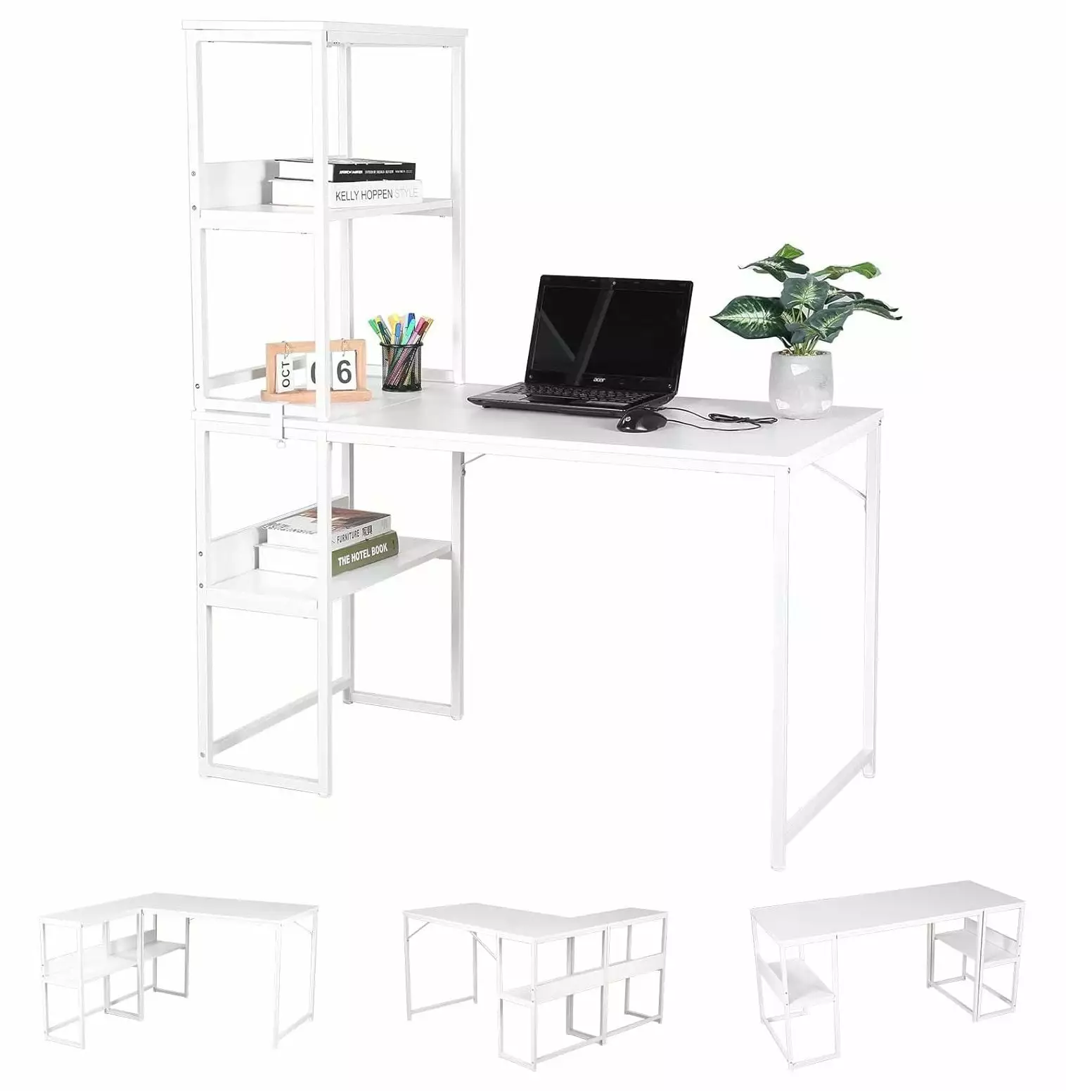 CodYinFI Muti-Function 3 Combination L Shaped Computer Desk Reversible Storage Shelves Home Office White