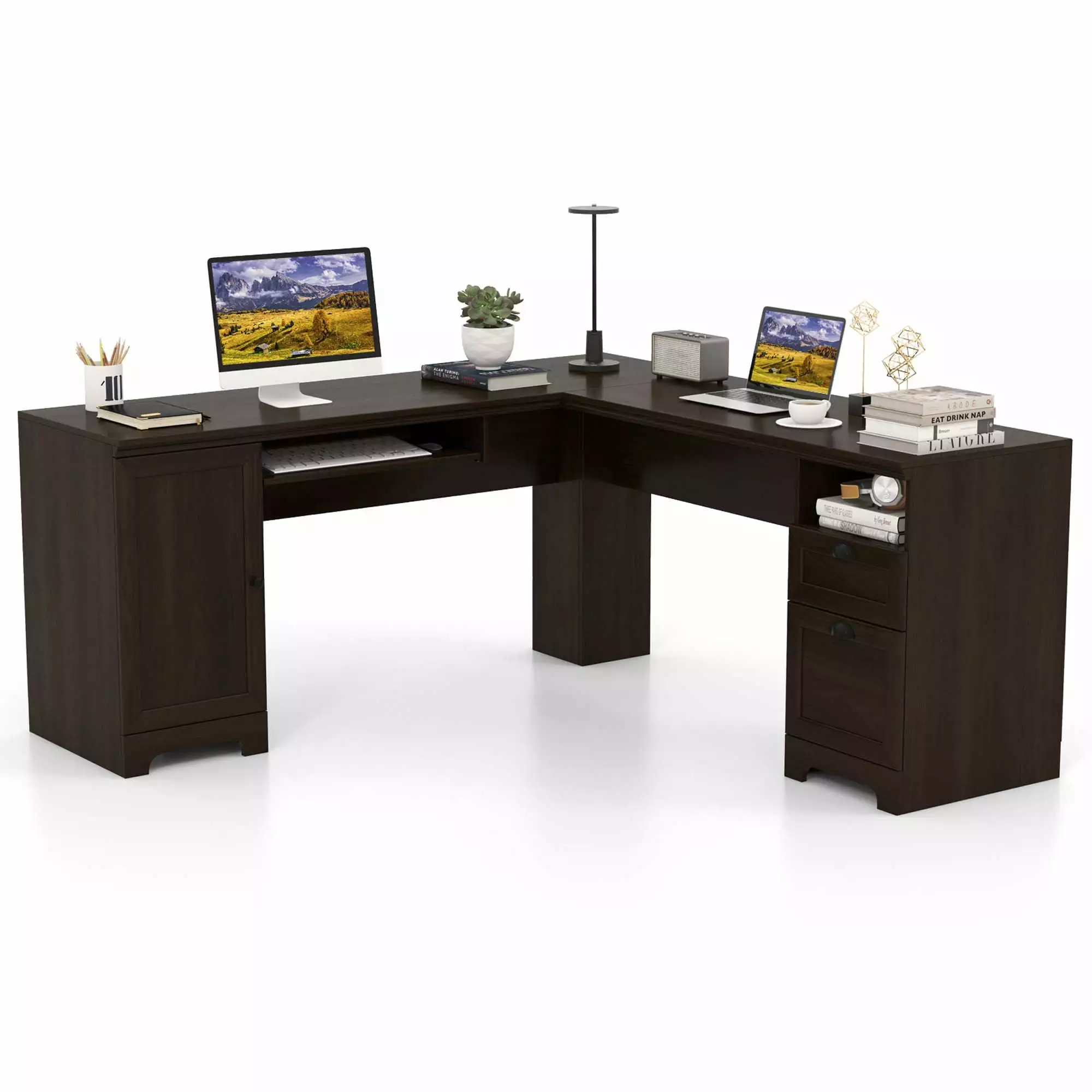 Costway L-Shaped Corner Computer Desk Writing Table Study Workstation Drawers Coffee