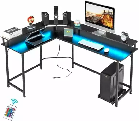 Black L-Shaped Computer Desk RGB Light USB Ports and Power Outlets 170x120x75cm Particle Board Gaming Workstation Crestora