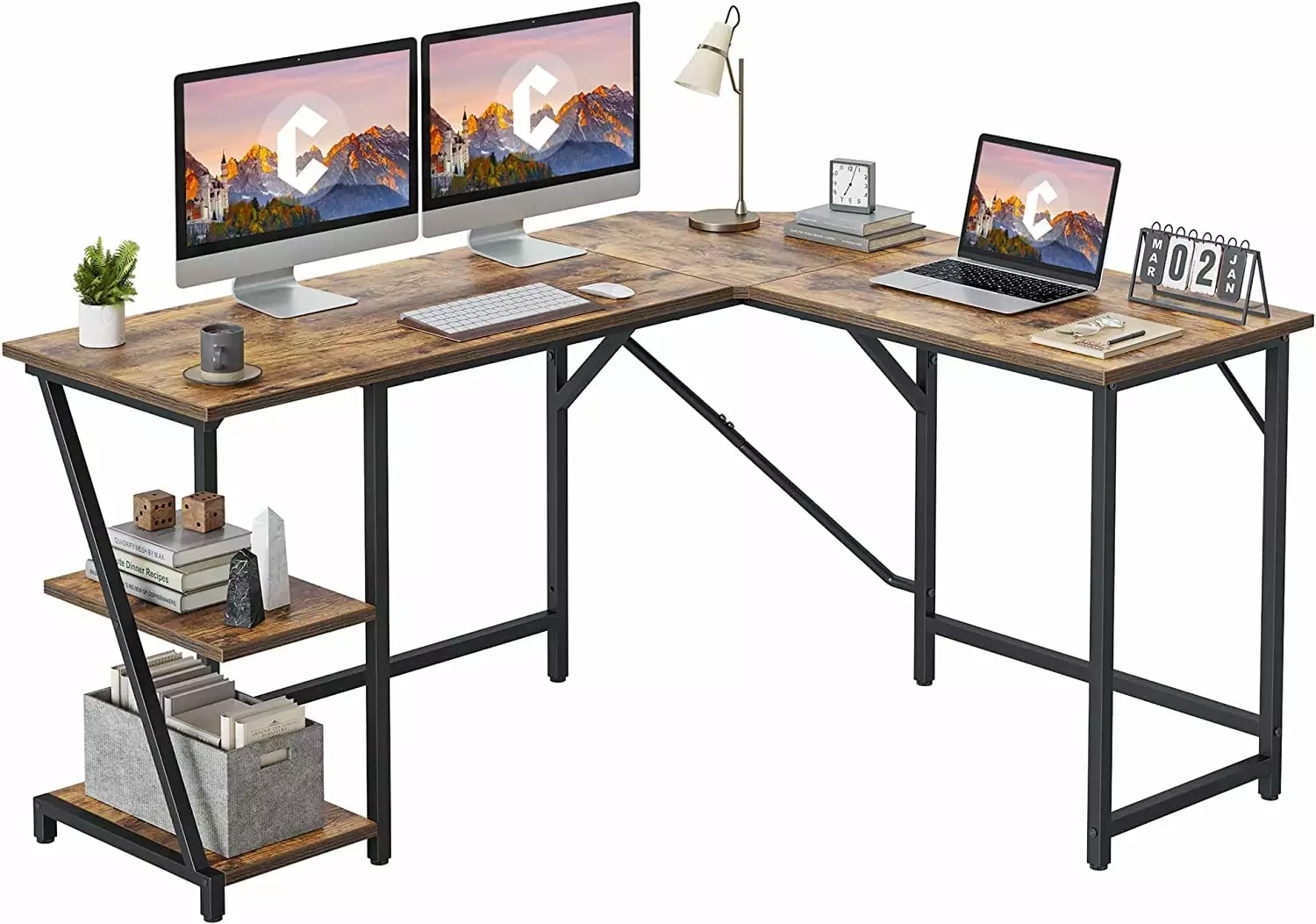 CubiCubi L Shaped Computer Desk 59.1 Inch Office Desk Storage Shelves Corner Desk Rustic Brown