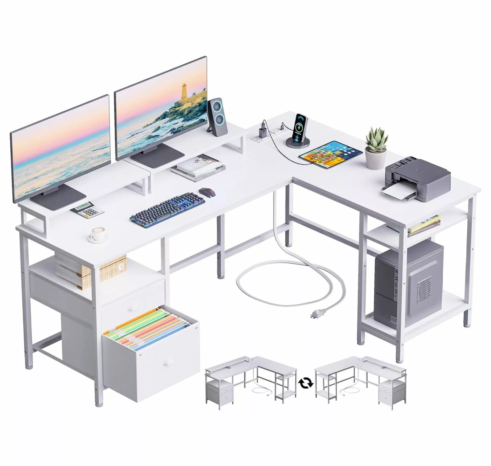 Depot Esh White 59 Inch L Shaped Desk Power Outlet Reversible Computer Desk Monitor Stands