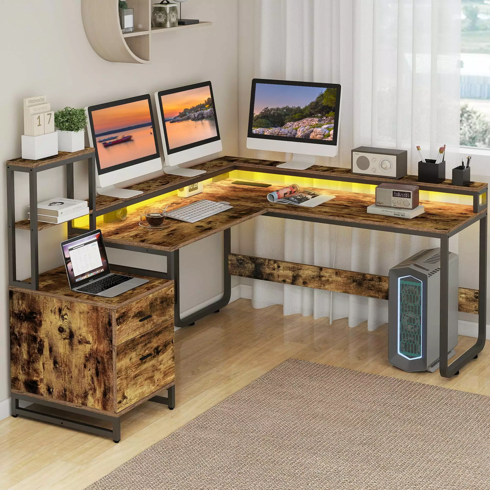 Dextrus L Shaped Desk Power Outlets LED Lights Reversible Computer Desk Drawers and Storage Shelves