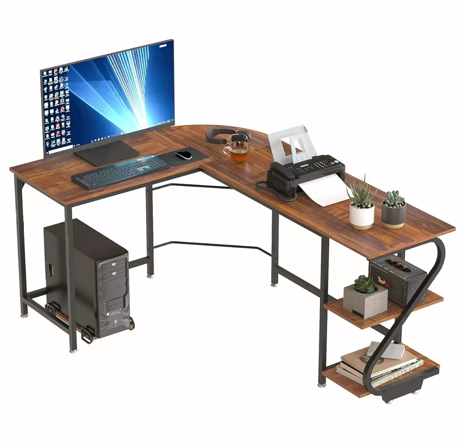 Ditangy Reversible L Shaped Desk Shelves Large Corner Computer Desk Rustic Brown