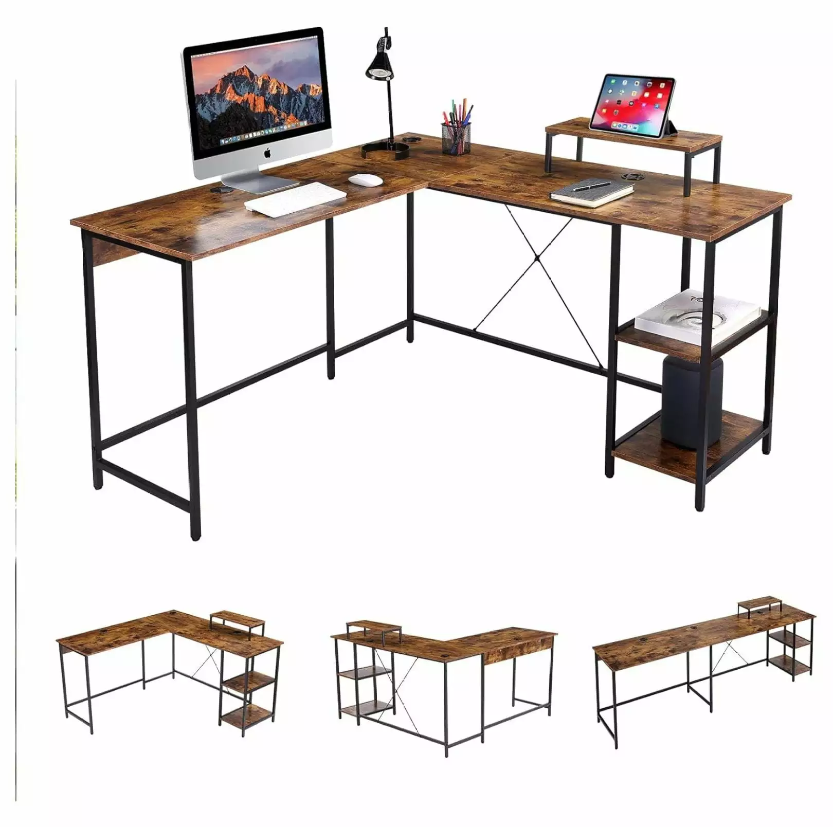 L Shaped Computer Desk CPU Stand Modern Corner Game Table Storage Shelves Study Writing Desk Rustic Brown SYK-03-L-RB Drevy