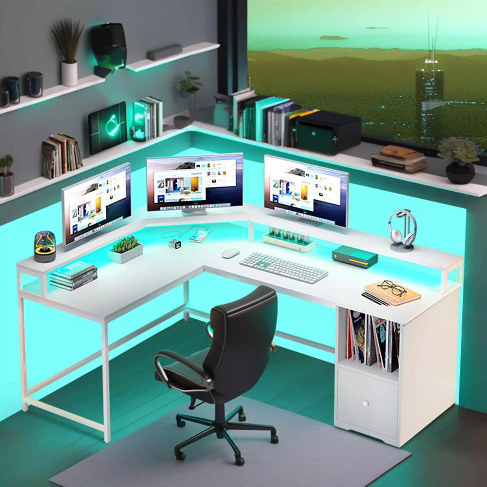DWVO 67 Inch L Shaped Desk LED Light Power Outlets Computer Desk Drawer 3 Cubbies Storage Shelves Corner Gaming Office Des...