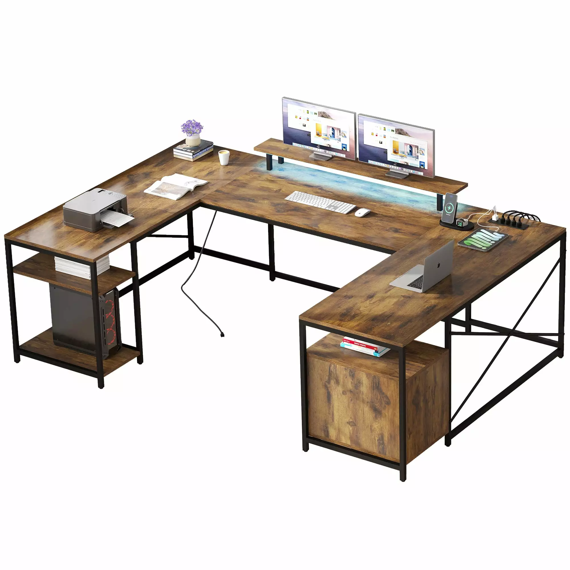 DWVO L Shaped Desk Power Outlets & LED Lights. Reversible Computer Desk Storage Shelves. U Shaped Gaming Desk Monitor Stan...