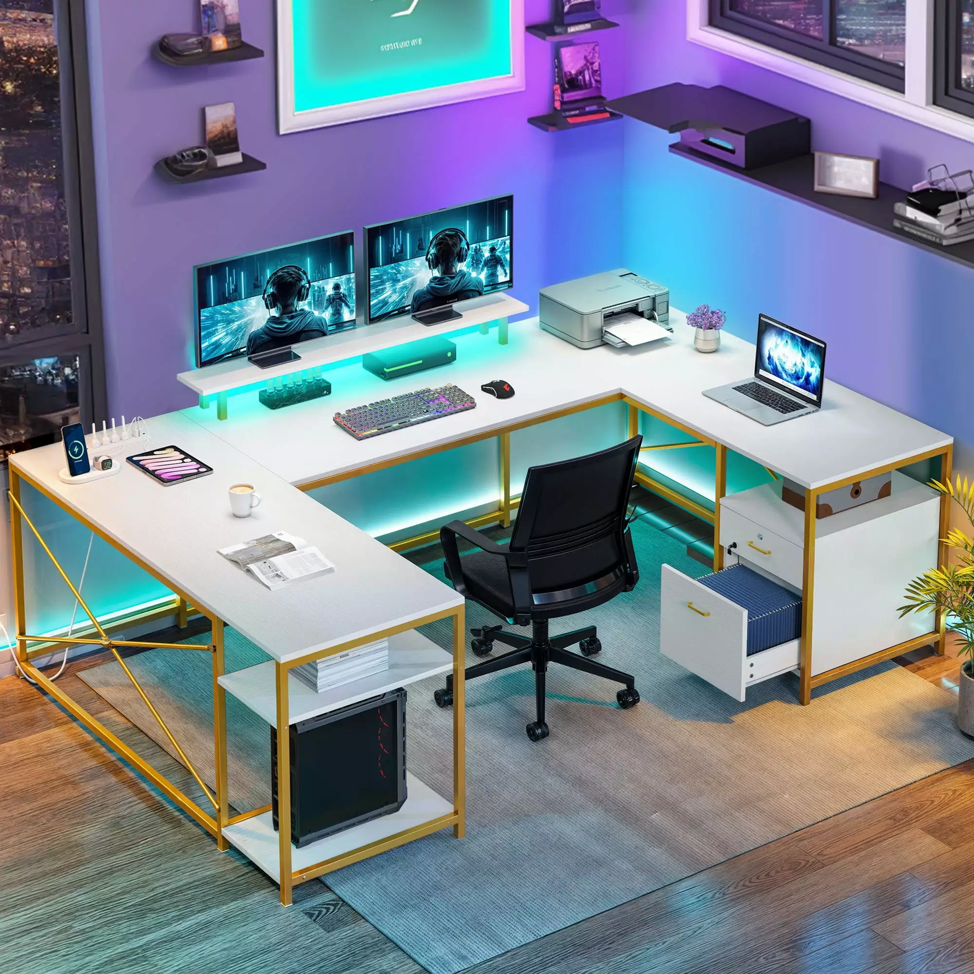 DWVO L Shaped Desk Power Outlets LED Lights Reversible Computer Desk Home Office White