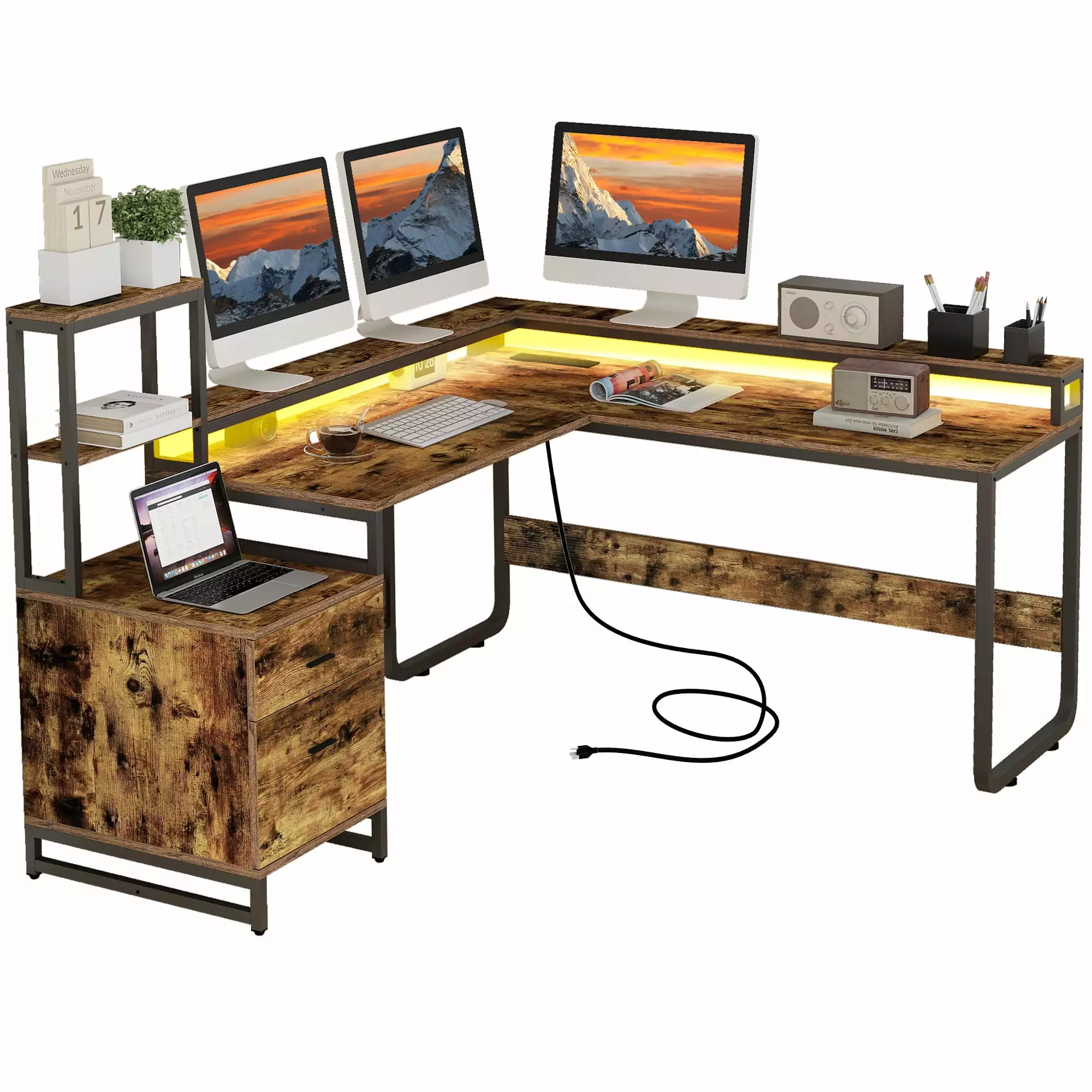 DWVO L Shaped Desk Power Outlets LED Lights Reversible Computer Desk Drawers Large Corner Office Desk Monitor Stand Storag...