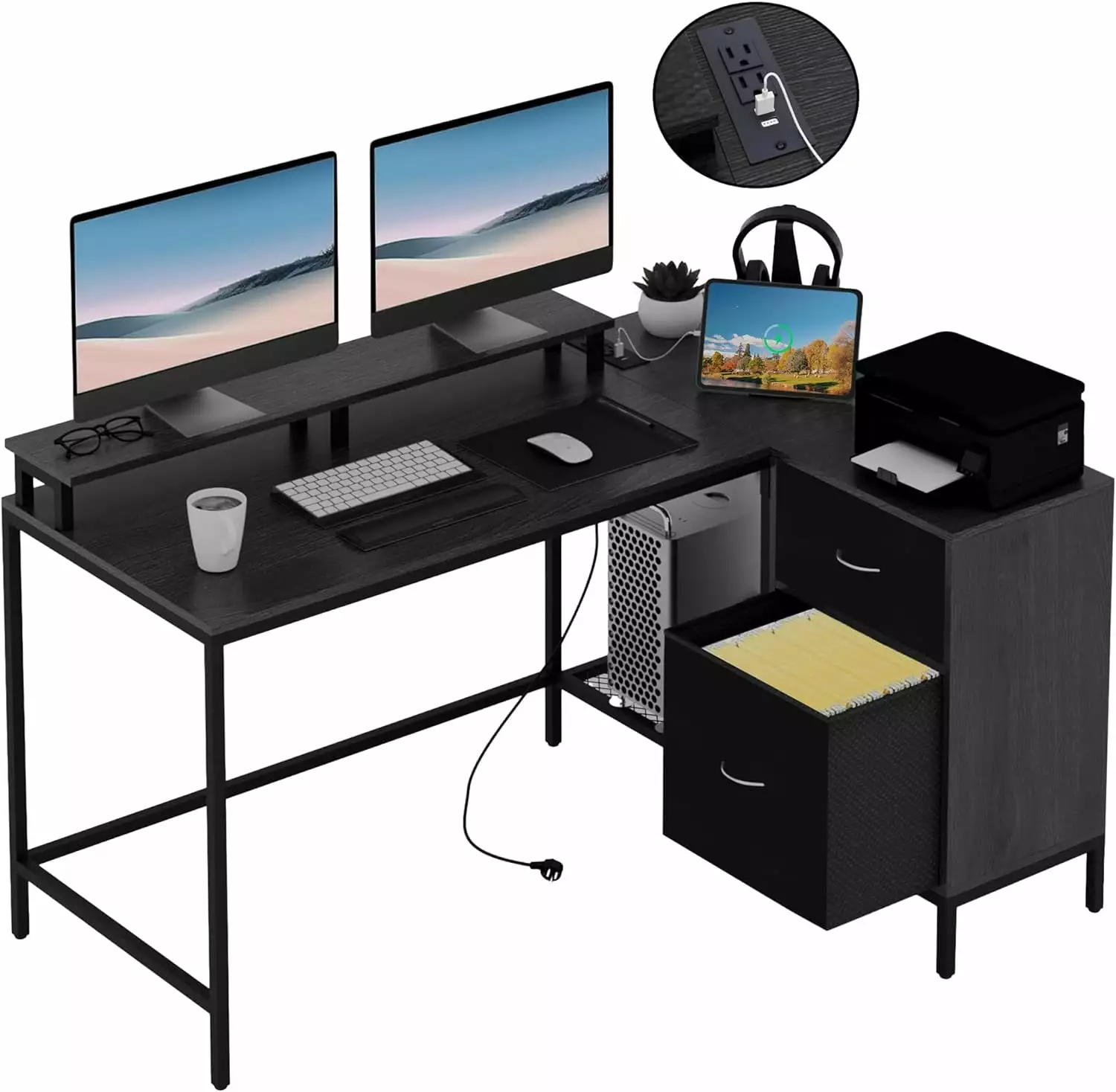 ERAMENT 54 L Shaped Desk File Drawers Office Computer Desk Outlet Monitor Shelf Black
