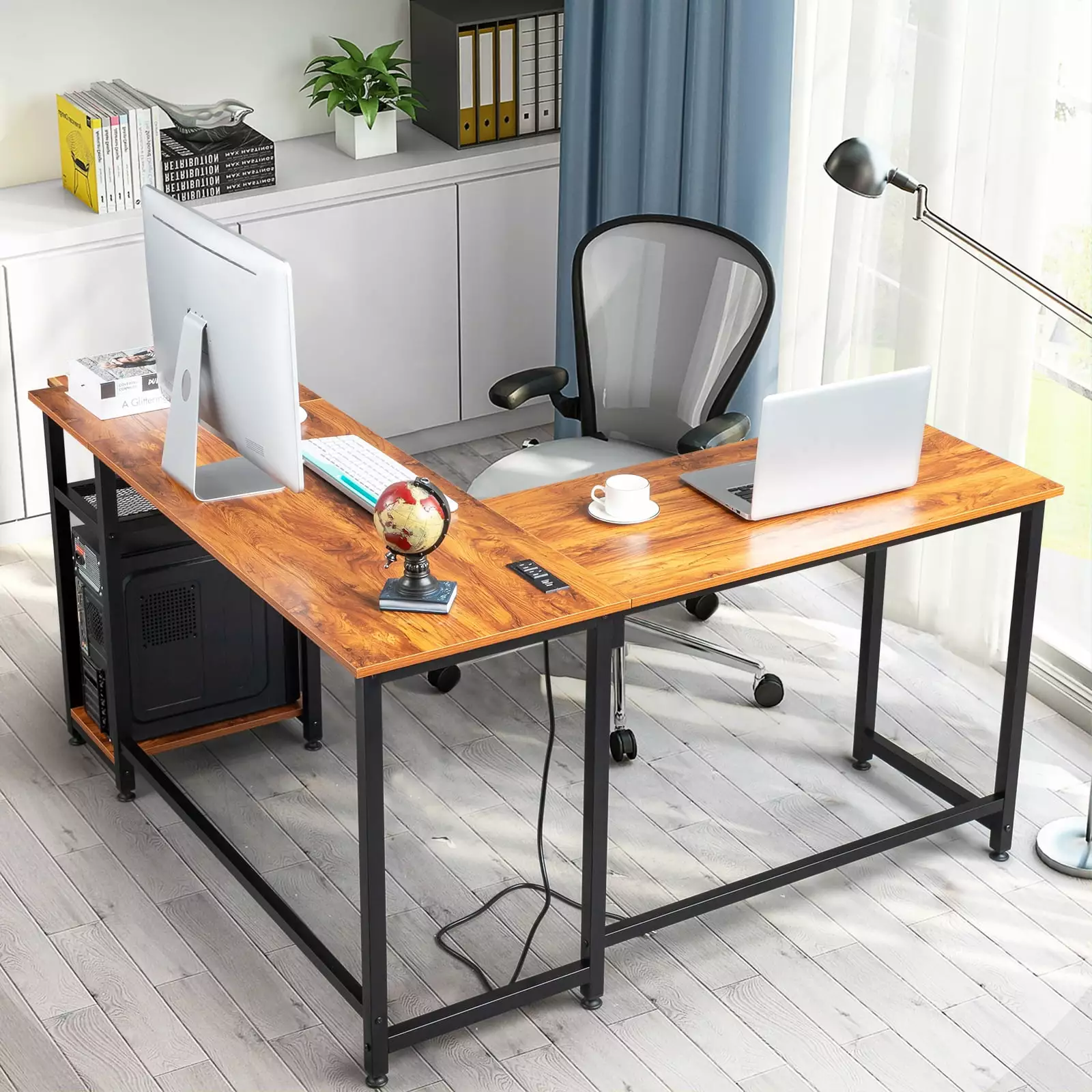 SamyoHome L-Shaped Computer Desk USB Charging Station Corner Desk Rustic Brown Laptop Study Table Home Office FCH
