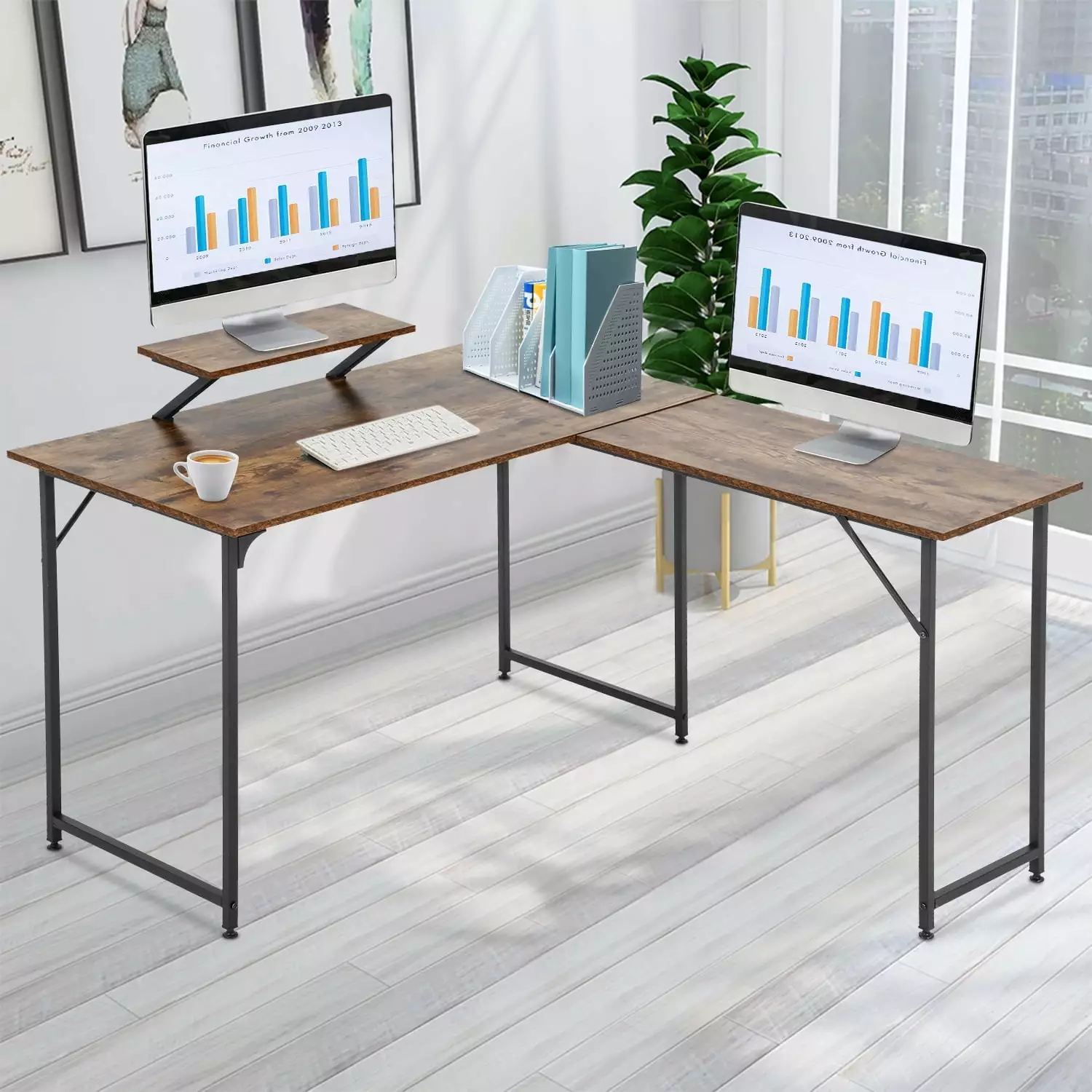 L Shaped Computer Desk Gaming Office Writing Desk Monitor Stand Vintage FDW