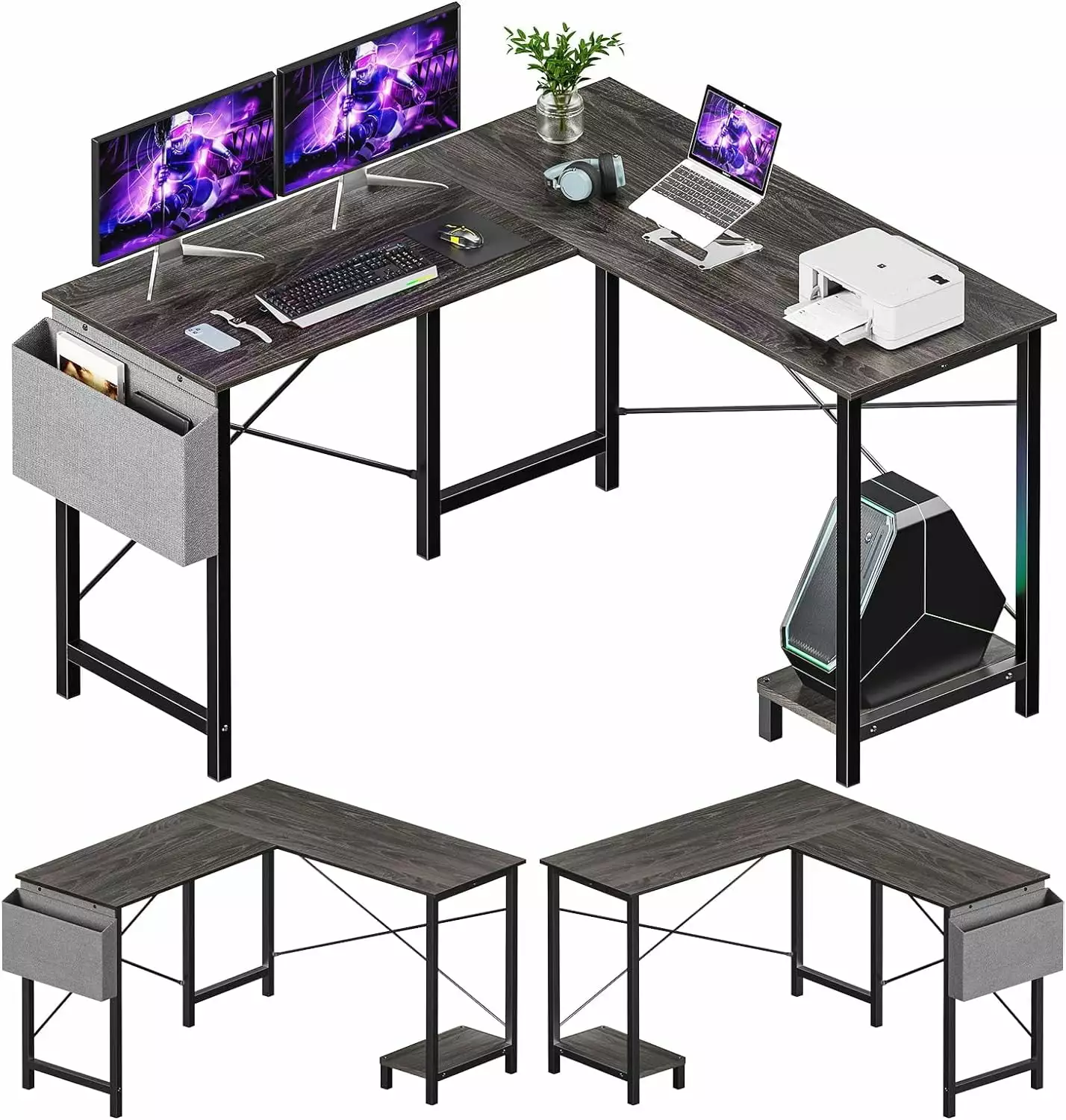 FETON L Shaped Gaming Desk Computer Corner Table CPU Stand Side Bag