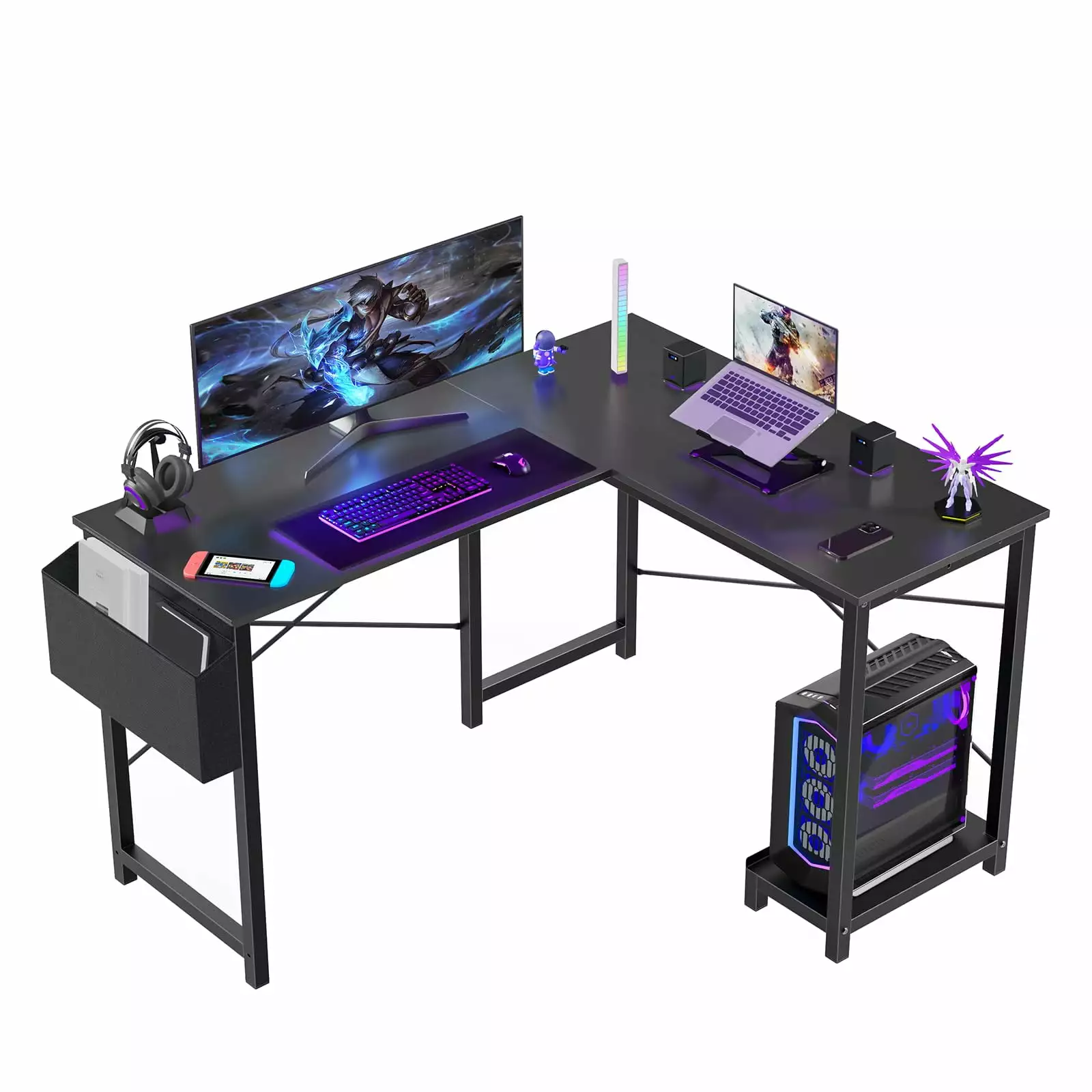 50 Inch L Shaped Computer Desk Gaming Table Corner PC Writing Black Desk Wooden Desktop Stand Side Bag FHWMHZFG