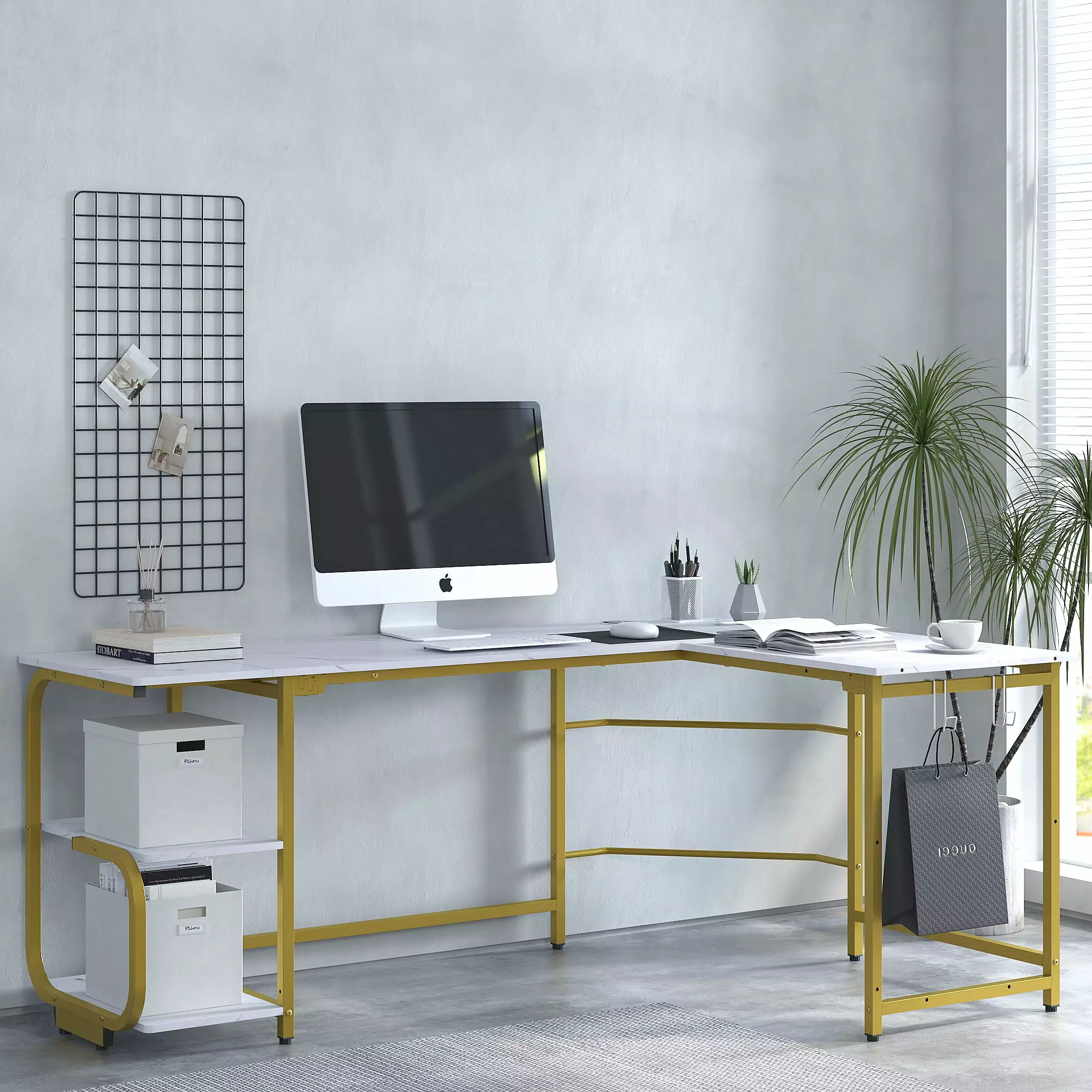 GEZEN 70 L Shape Computer Desk 2-tier Bookshelf Storage Home Office Corner Computer Table Hooks White Gold Frame