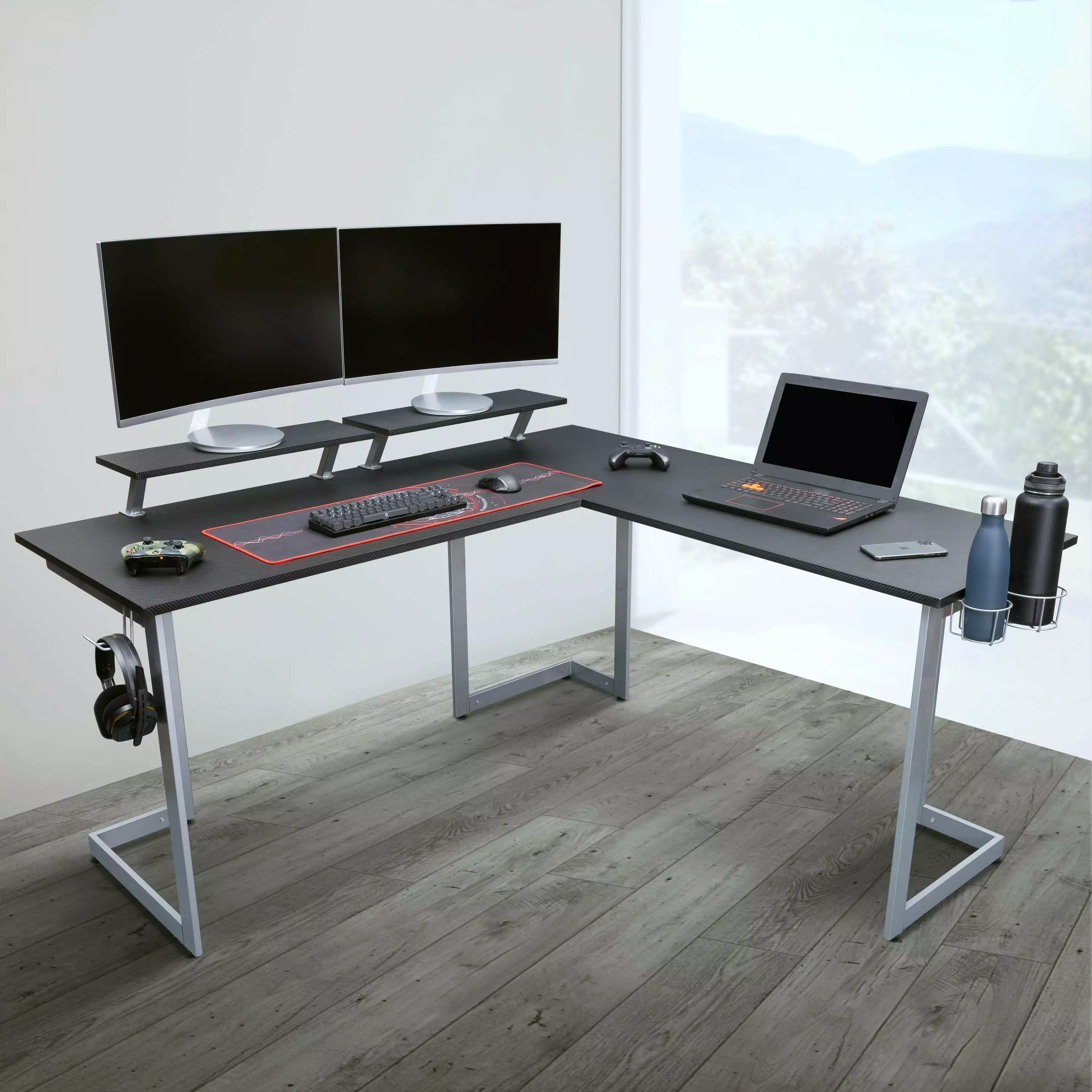 Sport Warrior L-Shaped Gaming Desk Home Office Setup Go Green Woods
