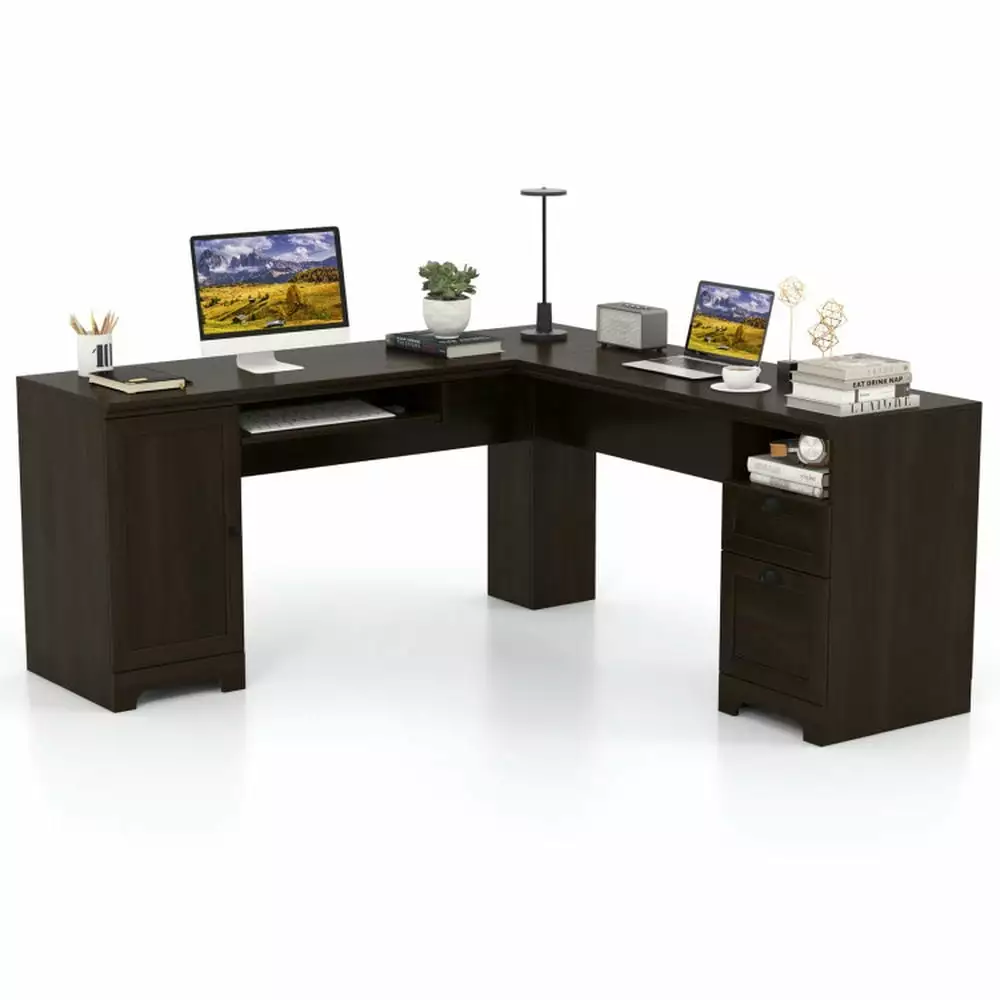 GVN 66 Inch L-Shaped Writing Study Workstation Computer Desk Drawers Coffee