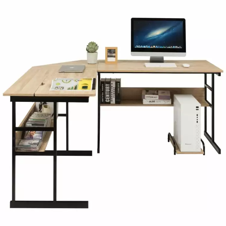 GVN L-Shaped Computer Desk Tiltable Tabletop - Natural Bedroom Gaming Desk