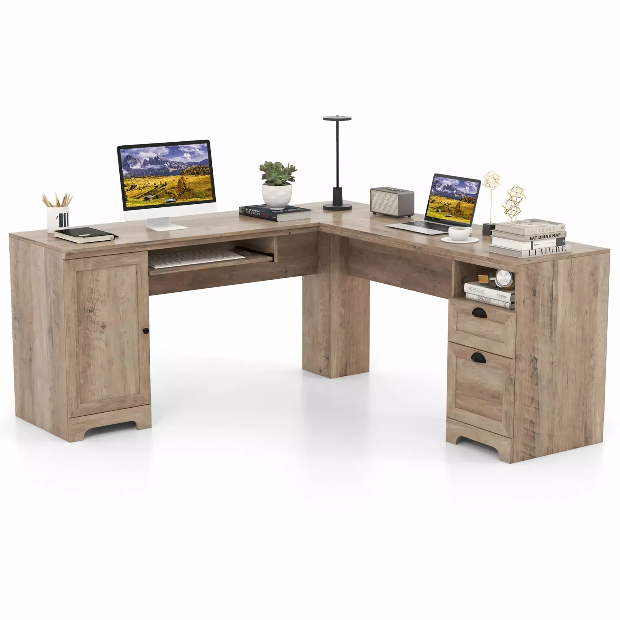 Gymax 66 Inch L-Shaped Computer Desk Drawers Cabinet Spacious Corner Desk