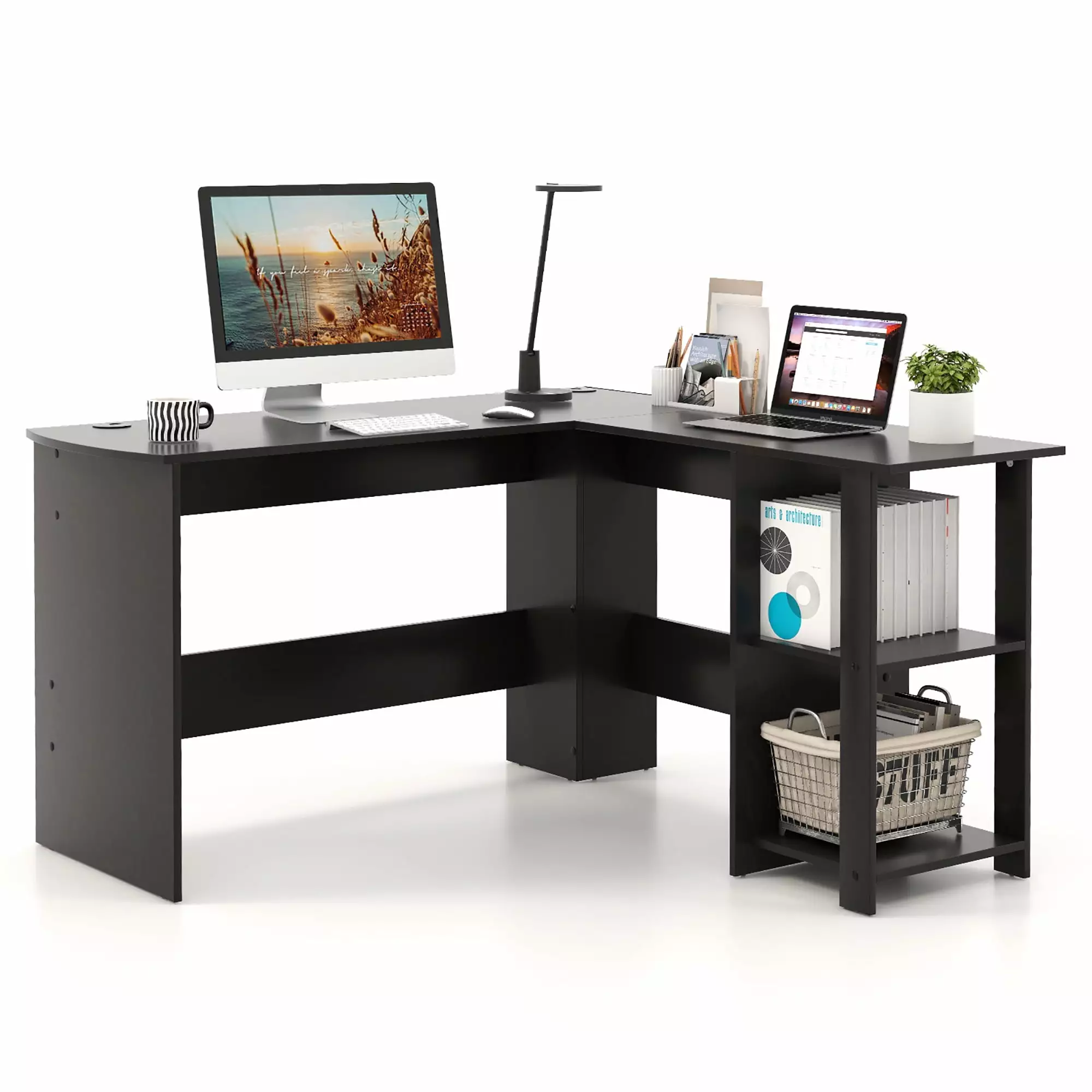 Gymax L-Shaped Computer Desk Small Space Corner Home Office Desk Shelves Black