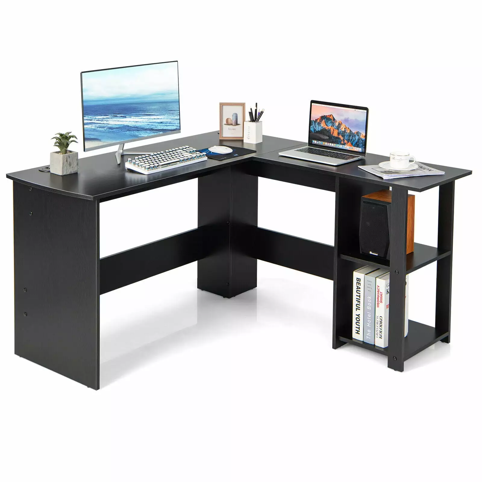 Gymax L-Shaped Office Computer Desk Spacious Desktop and 2-Tier Open Shelves Black