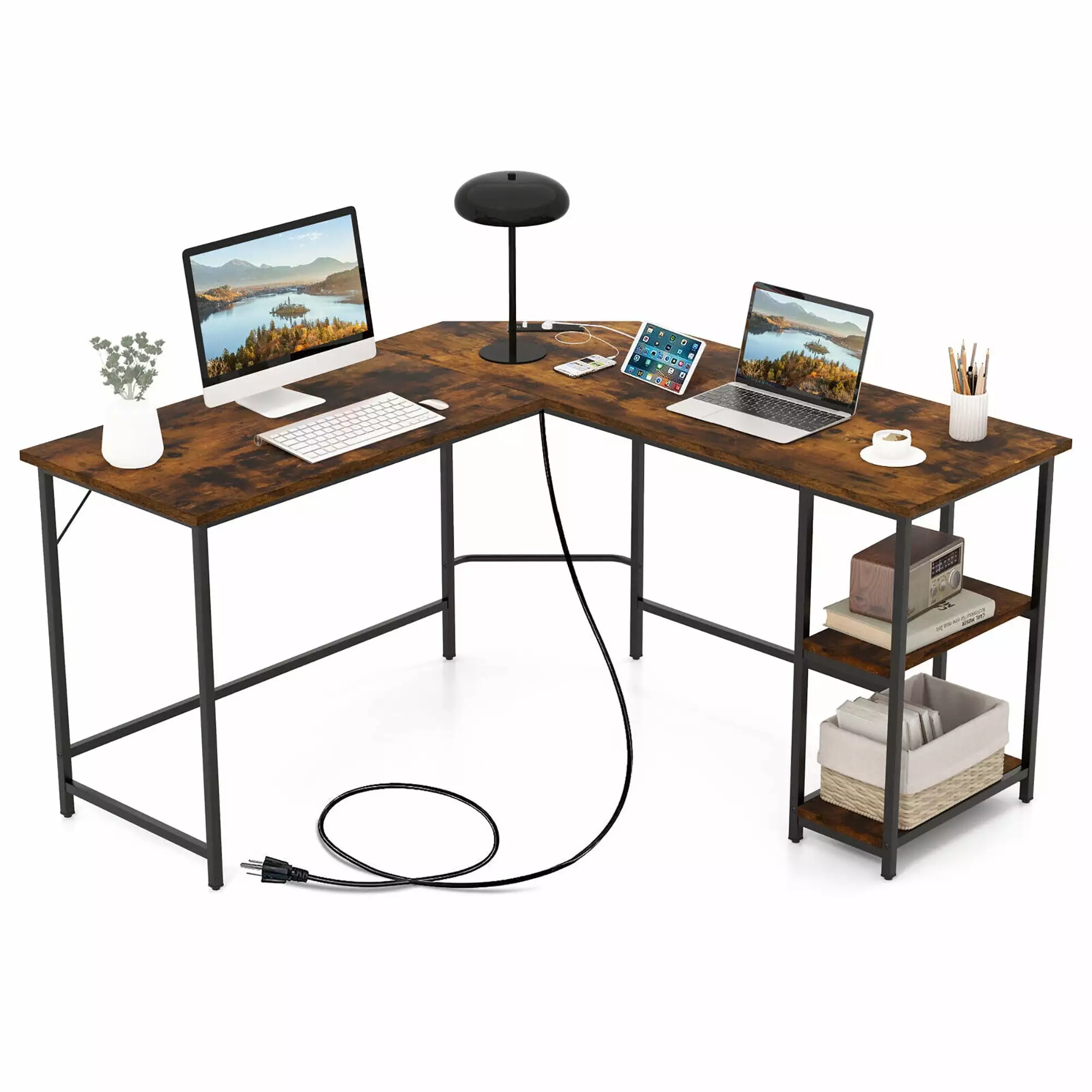 Gymax L Shaped Corner Computer Desk 2 Outlets and USB Ports 54.5 Inch Office Workstation