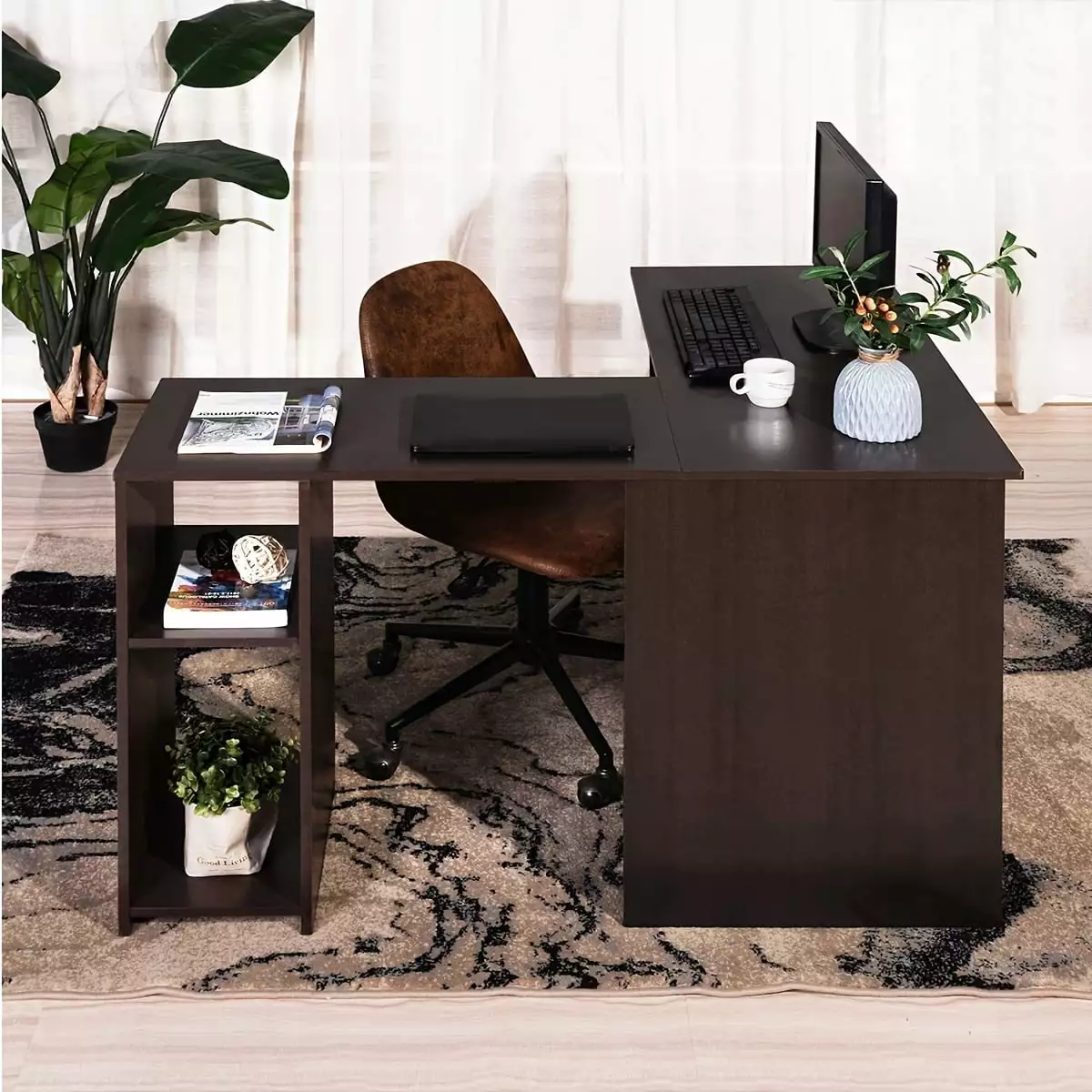 Home Office L-Shaped Computer Desk Storage Shelves 47 and 39 Corner Desk Dark Brown