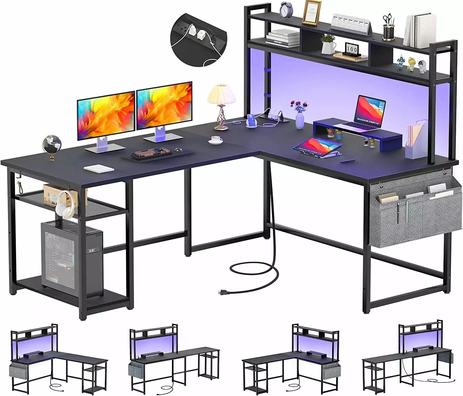 Homieasy L Shaped Desk Power Outlet USB Ports 86.6 Inch Reversible Gaming Desk Monitor Stand LED Strip Black
