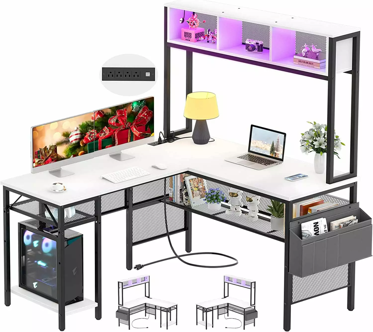 iSunirm L Shaped Computer Desk LED Strip Power Outlets and USB Port White