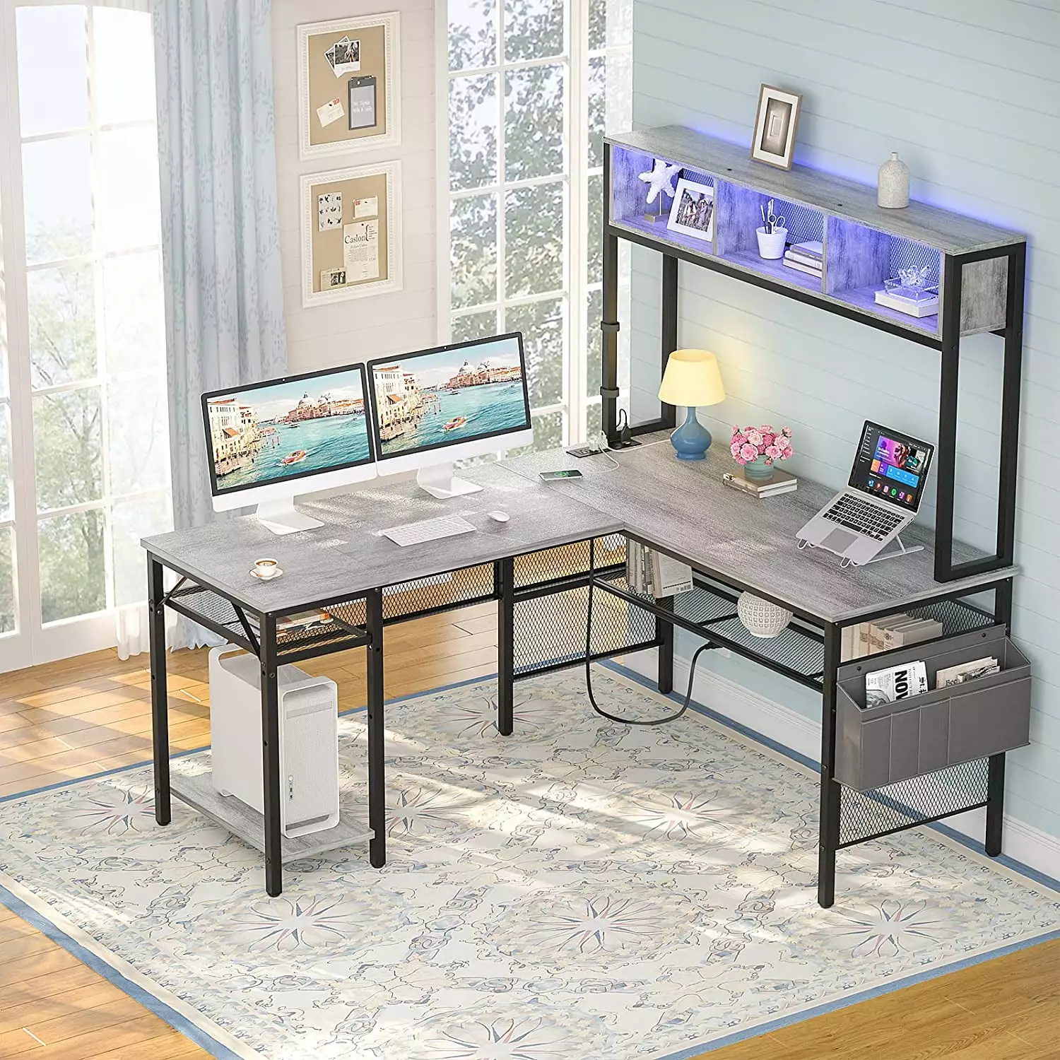 iSunirm L Shaped Computer Desk LED Strip Power Outlets and USB Port White Oak