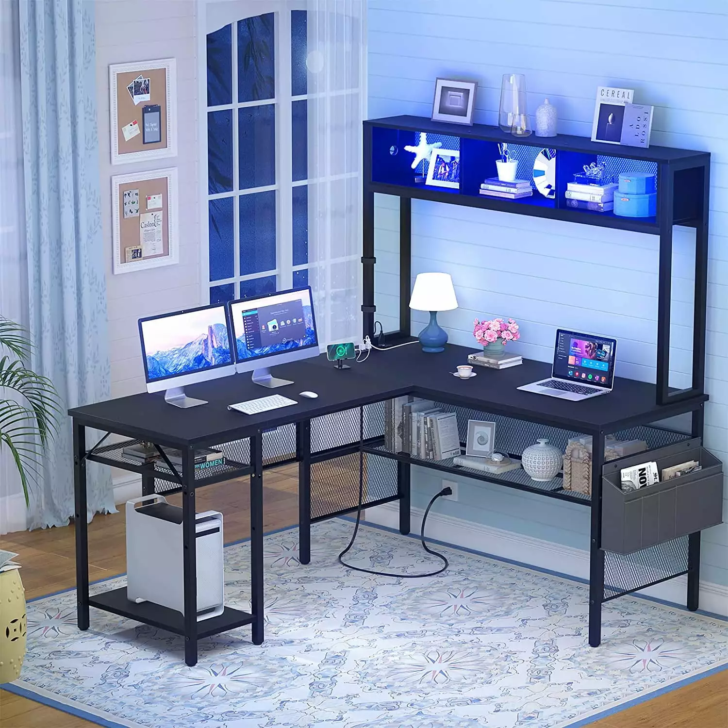 iSunirm L Shaped Computer Desk LED Strip Power Outlets and USB Port Black