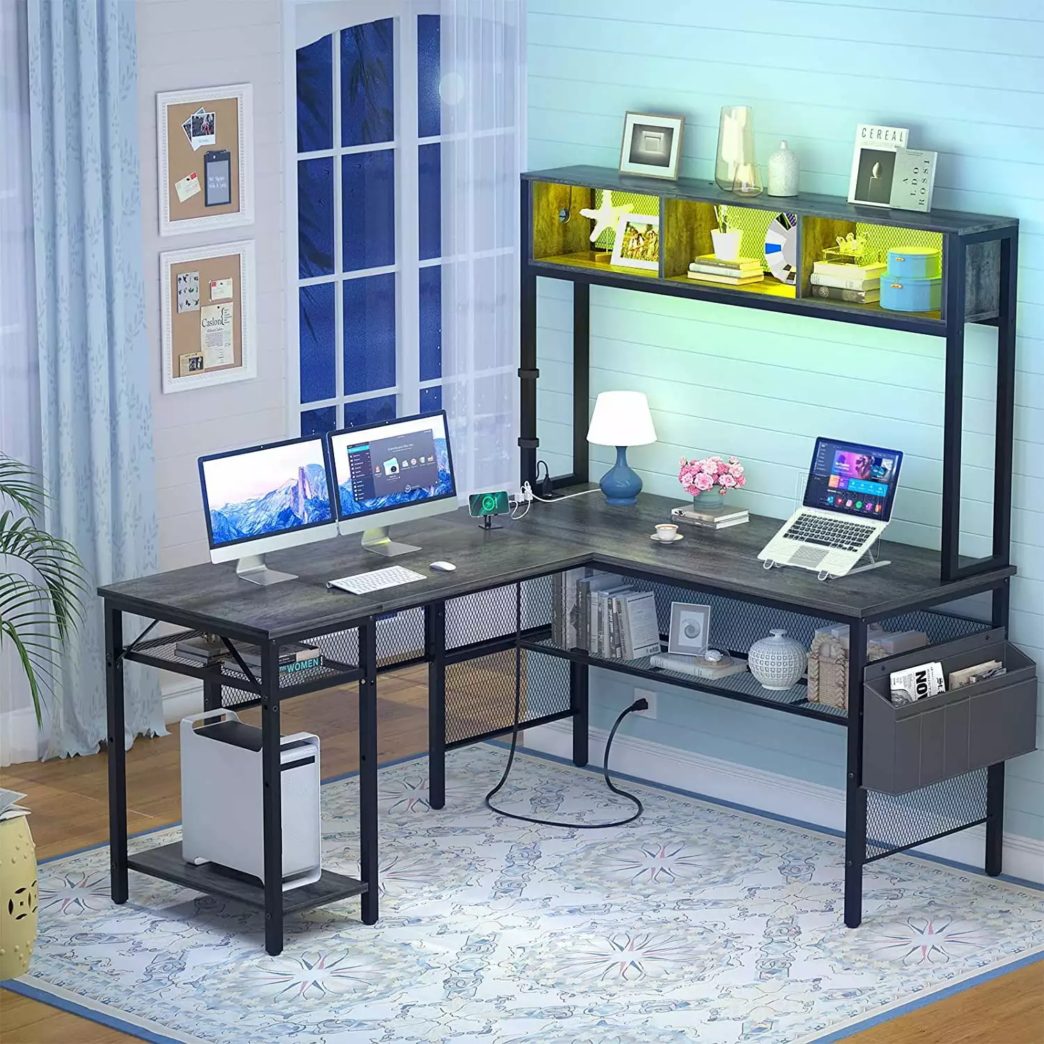 iSunirm L Shaped Computer Desk LED Strip Power Outlets and USB Port Black Oak