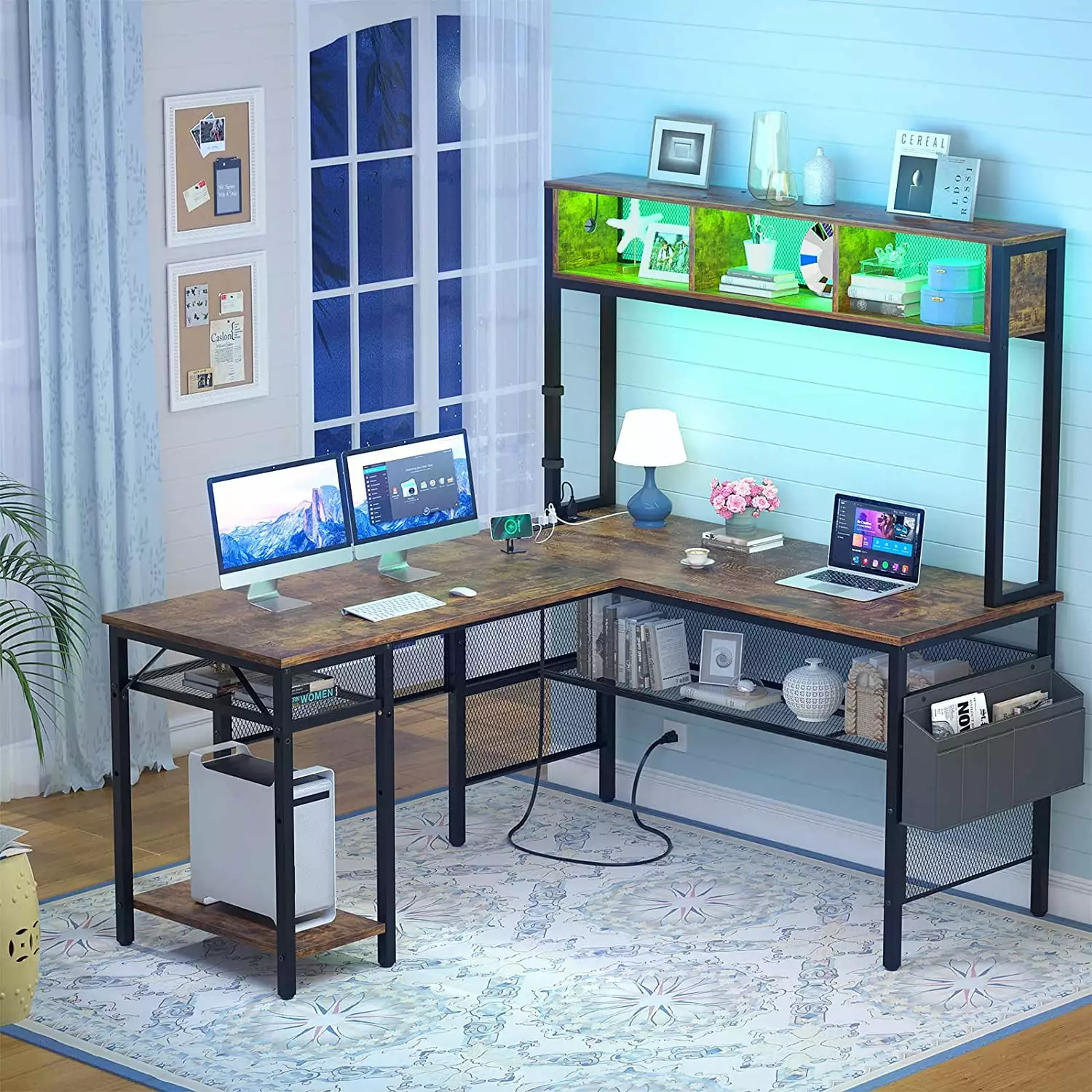 iSunirm L Shaped Computer Desk LED Strip Power Outlets and USB Port Rustic Brown