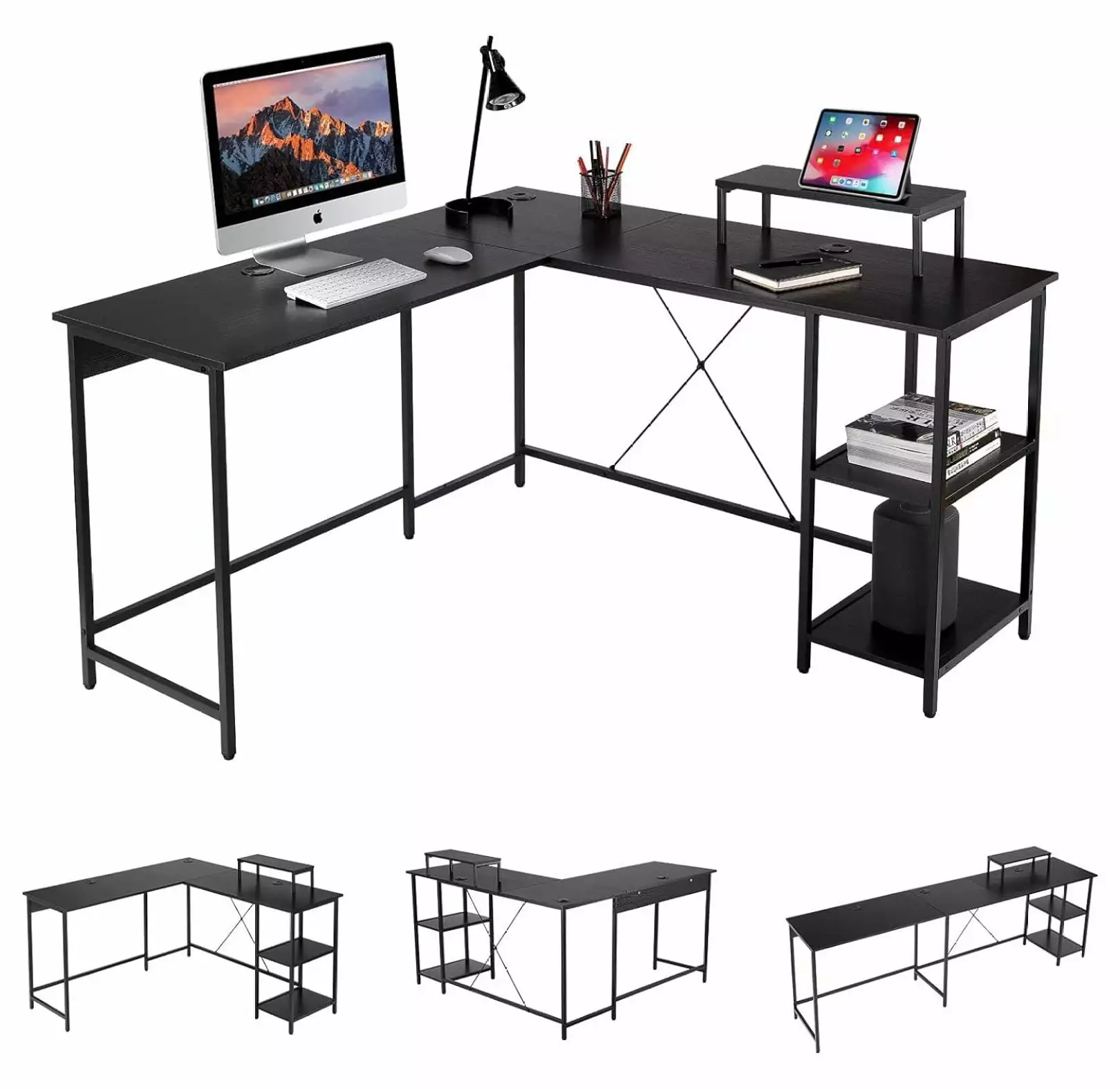 L Shaped Computer Desk CPU Stand - Modern Corner Game Table Storage Shelves - Black Jiowenm