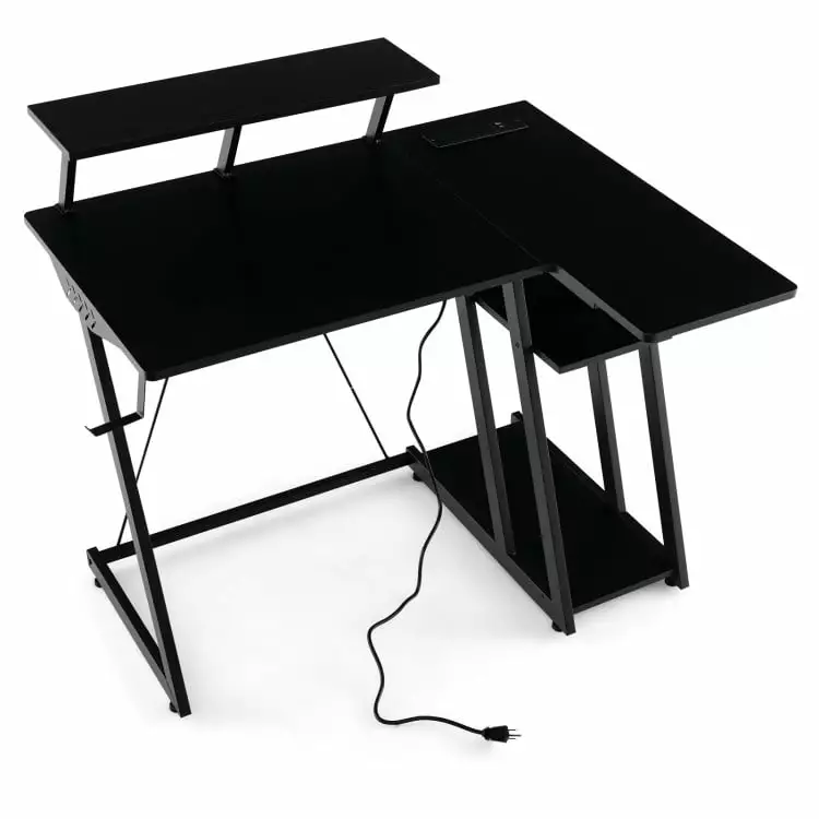 L Shaped Gaming Desk Outlets and USB Ports Home Office Laptop Workstation Black Kepooman