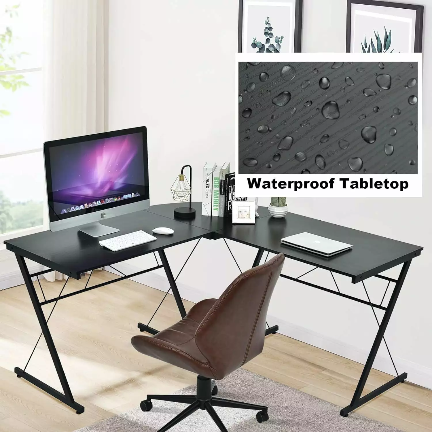 L-Shaped Corner Computer Desk - Space-Saving Multifunctional Home Office Desk Round Corner - Black kk